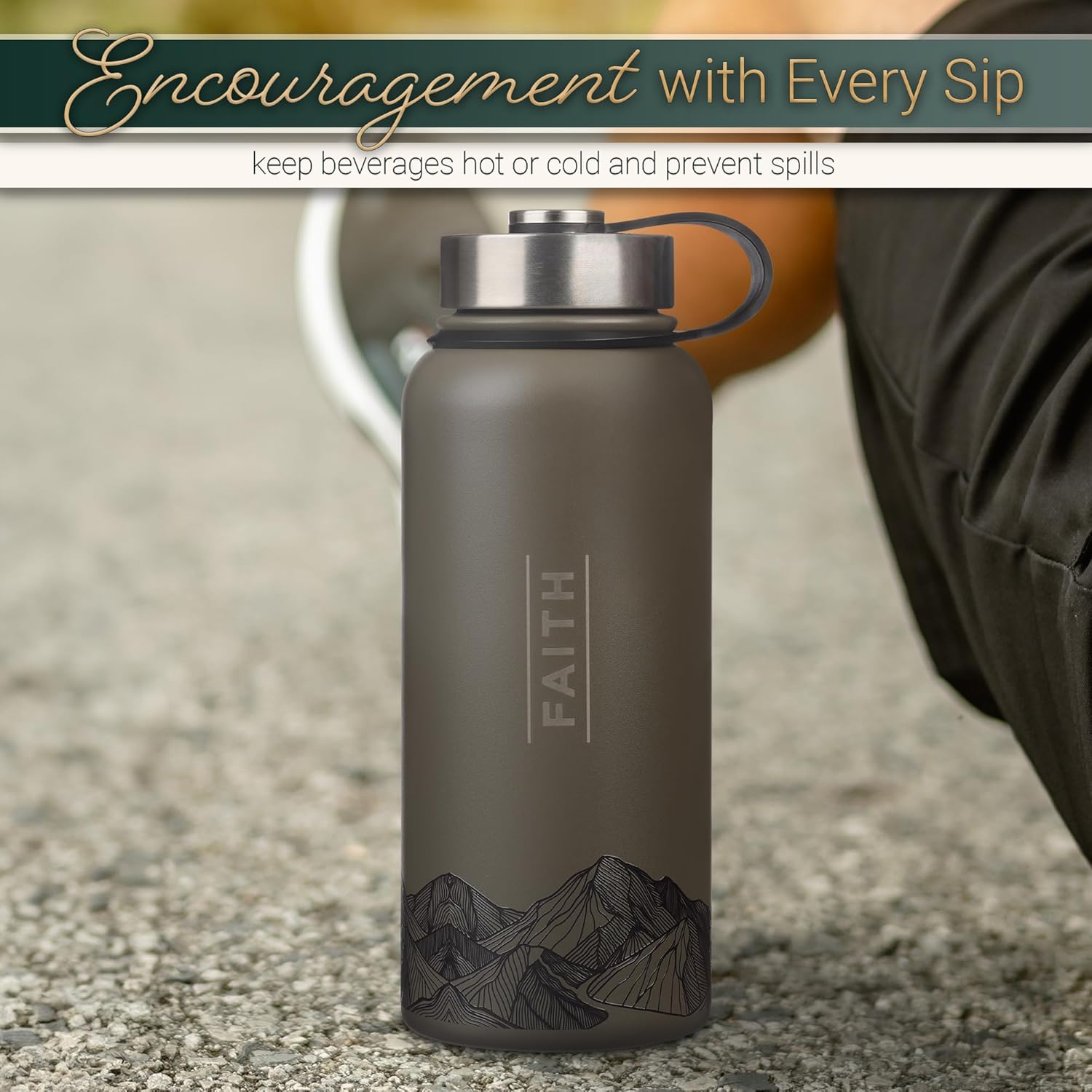Christian Art Gifts Large Inspirational Stainless Steel Double Wall Vacuum Sealed Insulated Scripture Water Bottle for Men & Women: Faith Encouraging Bible Verse Mountain Theme, Dusty Brown, 32 oz.