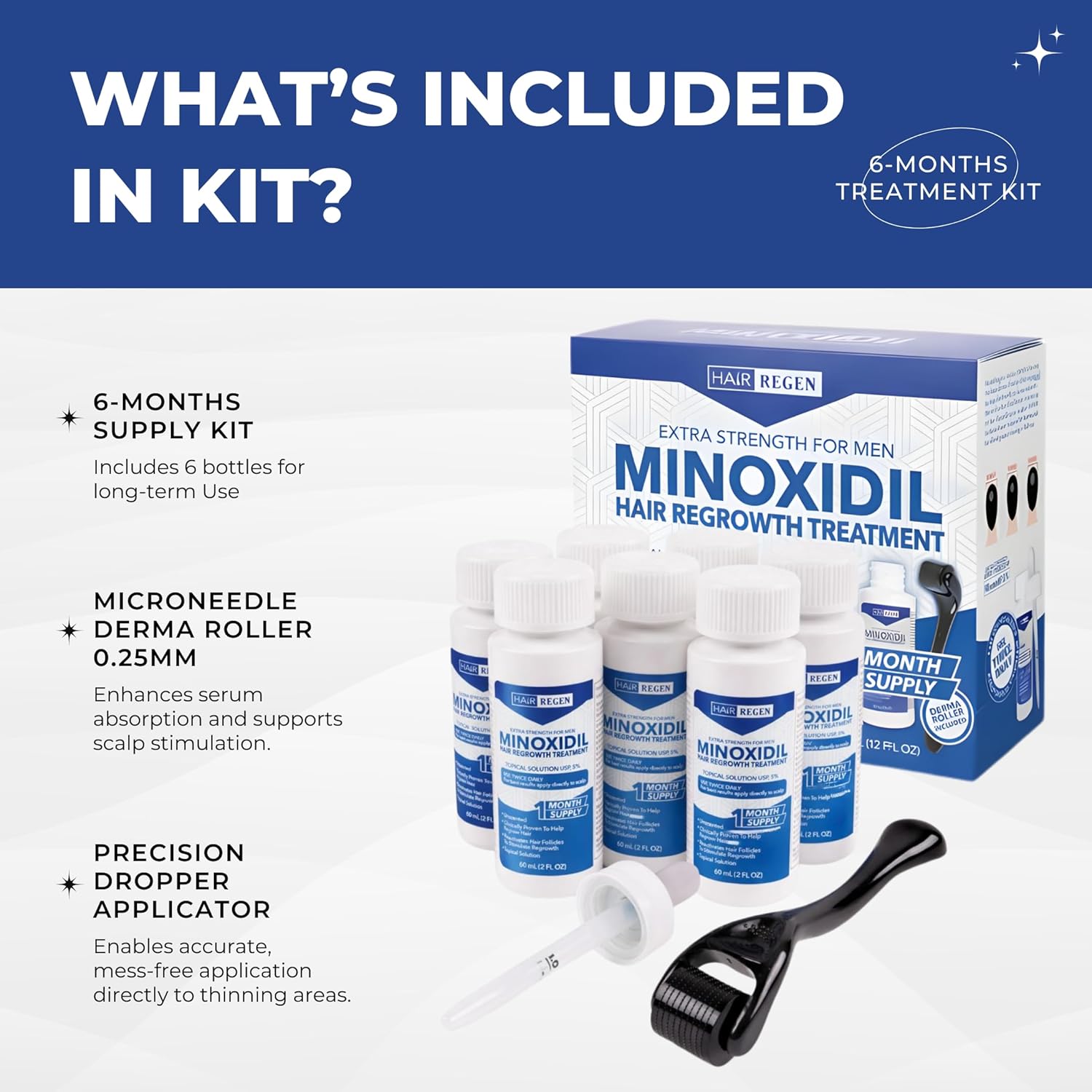 Hair Regen Liquid Minoxidil Men 5% With Hair Derma Roller for Scalp - Advanced Topical Solution for Regrowth - Men's Minoxidil for Growth of Men Hairs Loss 6 Pack as 6 Months Supply Kit