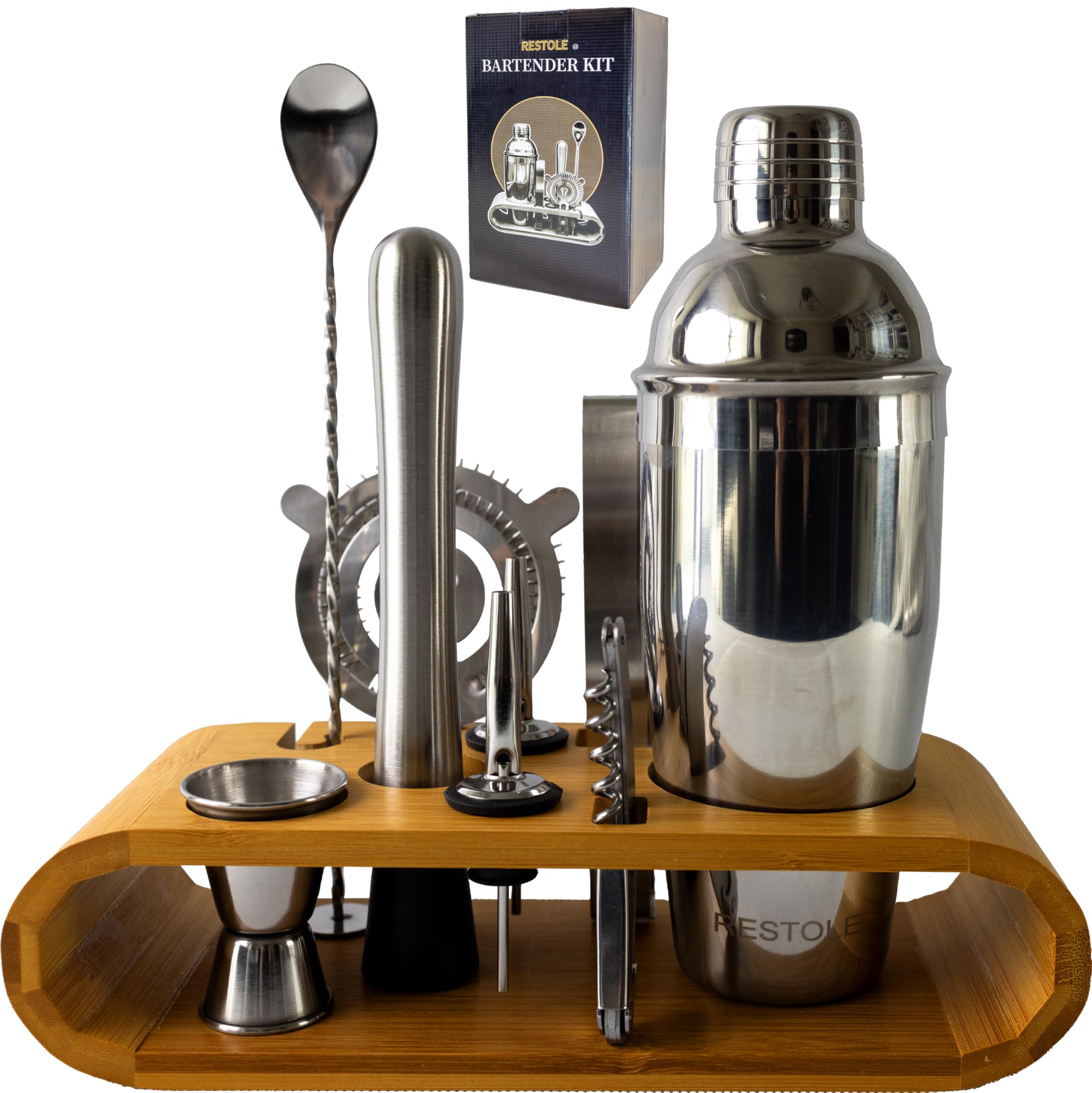 Juego de camarero: kit esencial de 10 piezas para hacer cócteles perfectos en casa, bar, salón y fiesta. Coctelera plateada de 24 onzas y un soporte de madera incluido.