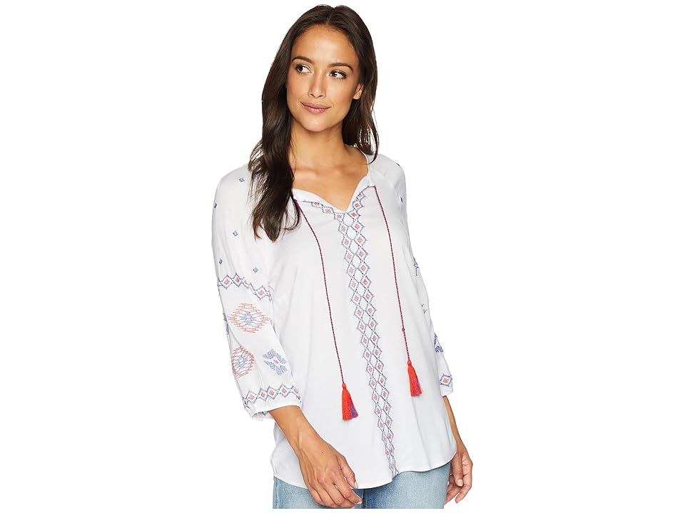 

Tribal Woven Challis 3/4 Sleeve Embroidered Detail Blouse (White) Women's Blouse