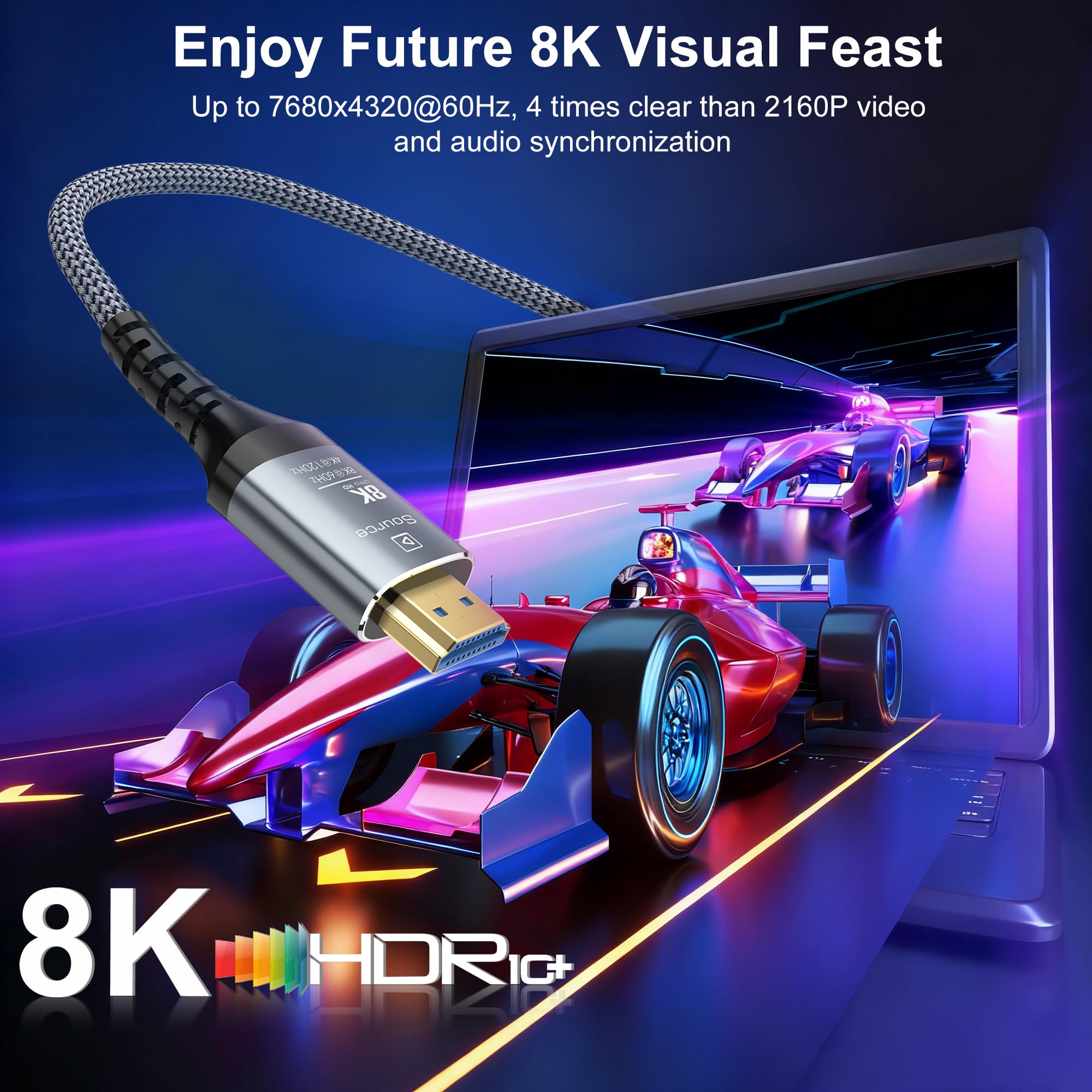 Cable HDMI de fibra óptica 8K de 100 pies, 48 Gbps, cable HDMI 2.1 largo de ultra alta velocidad trenzado 8K a 60Hz 4K a 120Hz HDR10/HDCP2.2 y 2.3/eARC/3D compatible con PS5, Xbox, HDTV