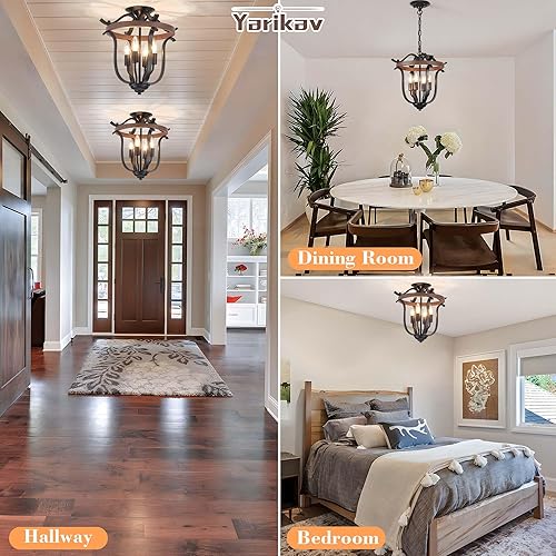 Miniatura 7 de Lámpara de araña rústica de 4 luces, estilo vintage, rústico, mini lámpara de techo empotrada, metal negro y madera sintética, candelabro rústico