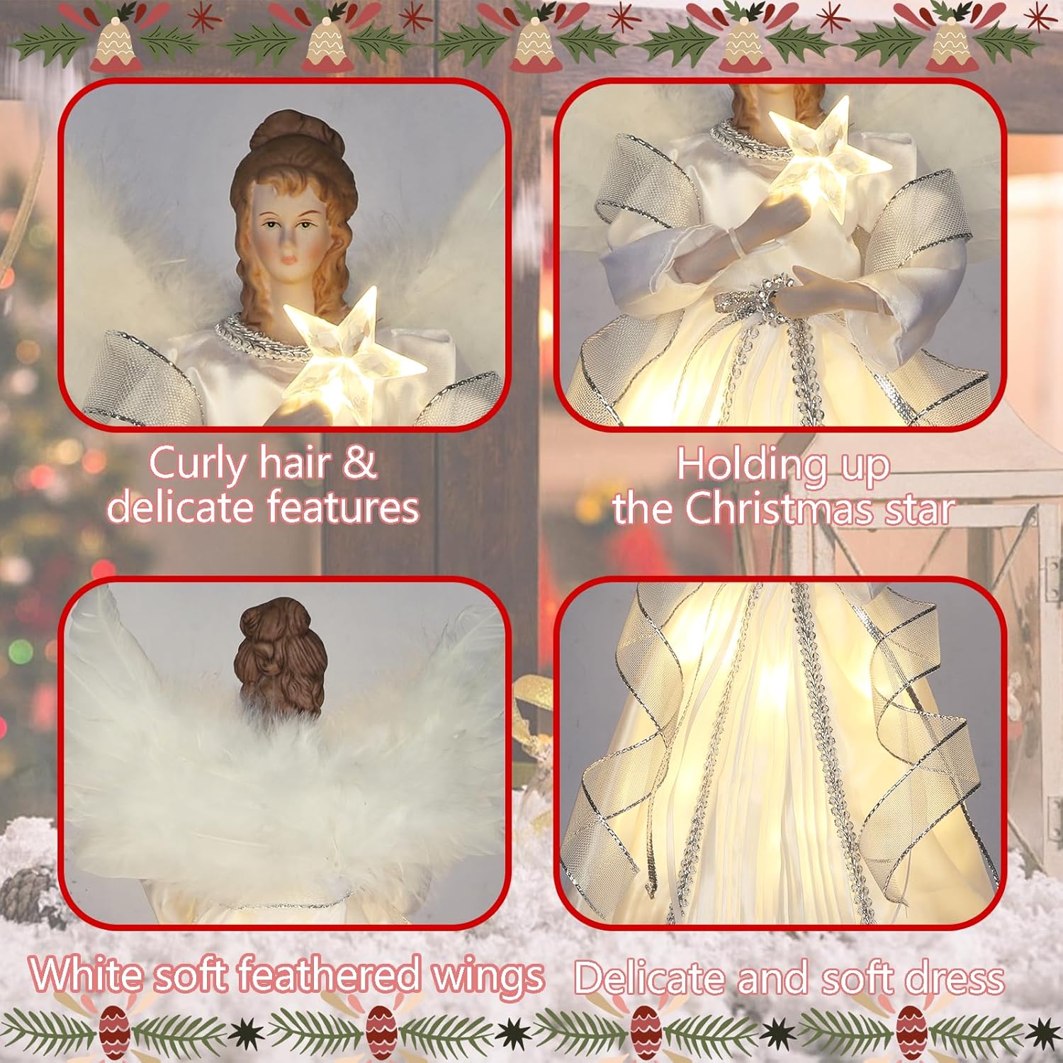 HMASYO Christmas Tree Topper Angel with Timer Lights, 12" Lighted Christmas Angel Tree Topper with White Feather Wings and Star Light, Tree Angel Topper Christmas Tree Top Decorations Xmas Gift