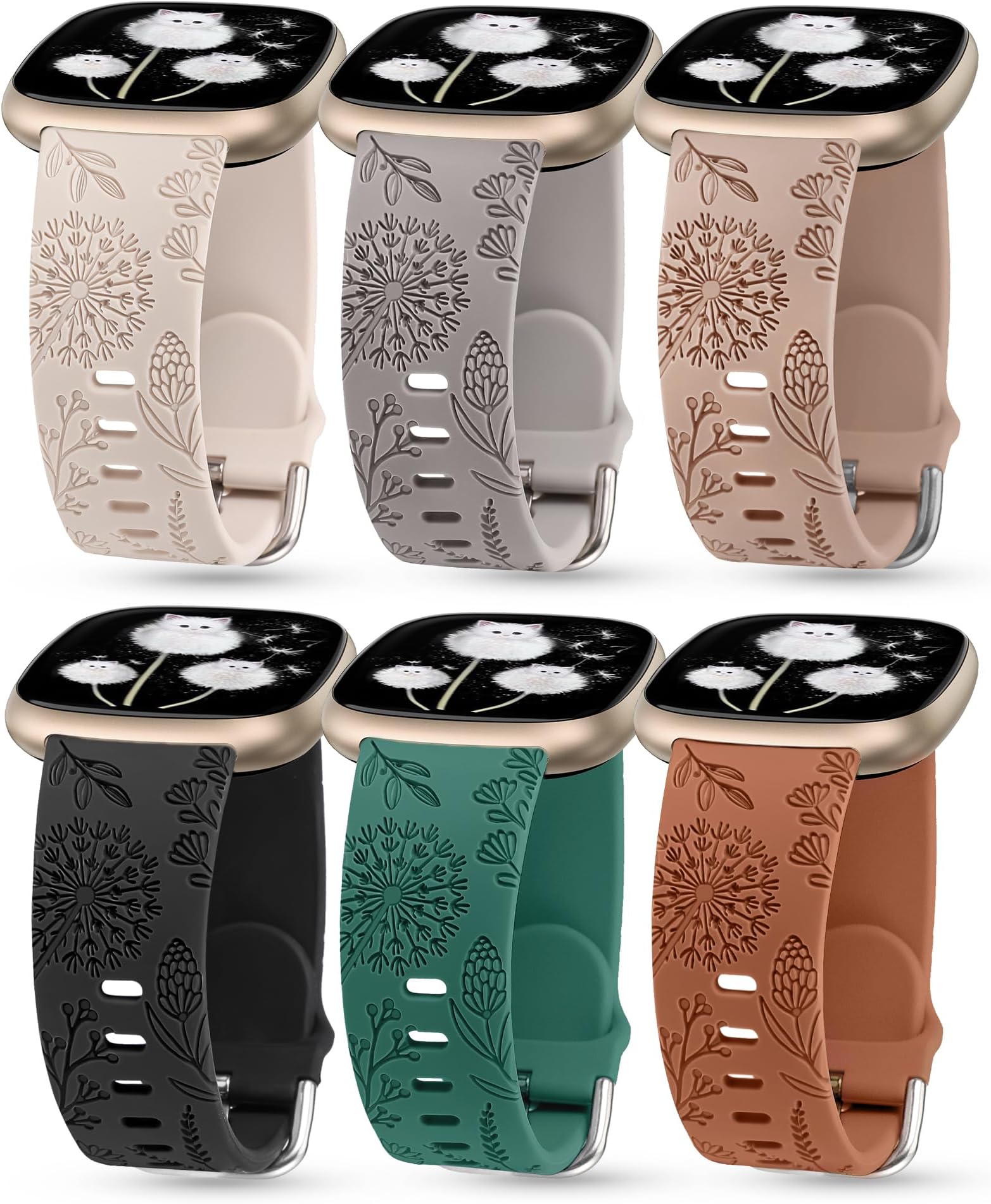 Minyee 3 Packs Floral Engraved Band Compatible with Fitbit Versa 4/Versa 3/Sense 2/Sense Band Women, Cute Soft Silicone Dandelion Flower Pattern Sport Designer Fancy Summer Strap for Versa 4
