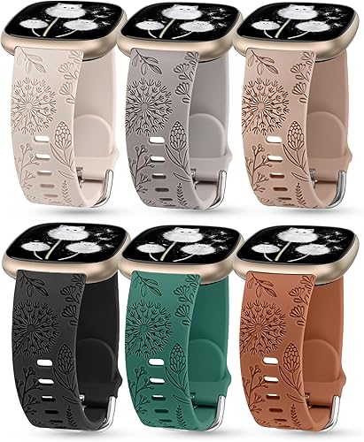 Miniatura 11 de Minyee Paquete de 3 correas grabadas florales compatibles con Fitbit Versa 4/Versa 3/Sense 2/Sense Band para mujer, lindo diseño de flores de diente