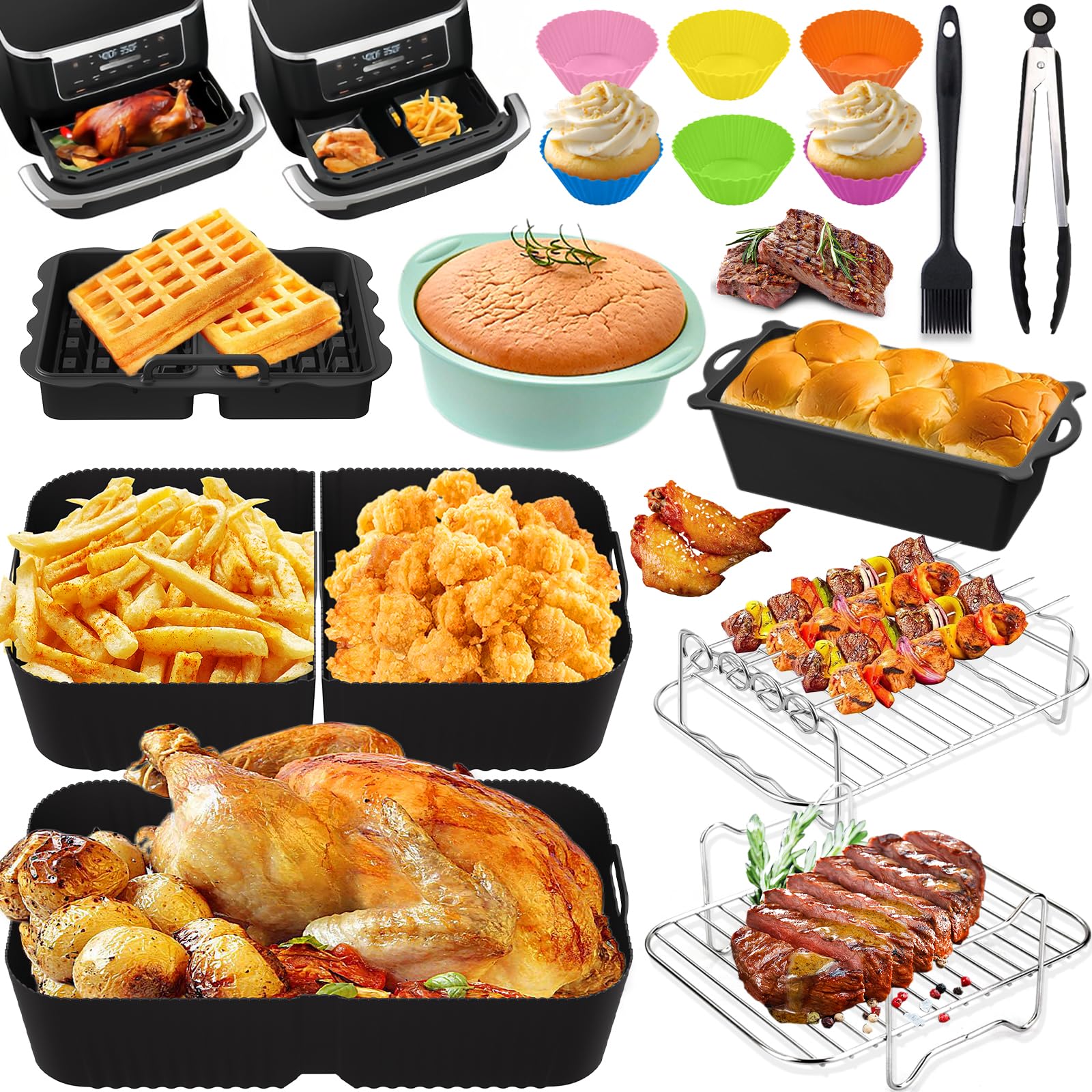 Moule Silicone Air Fryer Accessoires pour Ninja Air Fryer 10.4L AF500EU/COSORI 10L/COSORI Dual Zone 10L Twinfry Airfryer, Réutilisable Silicone Réutilisable Plat, Grille Racks, Grille de Grille