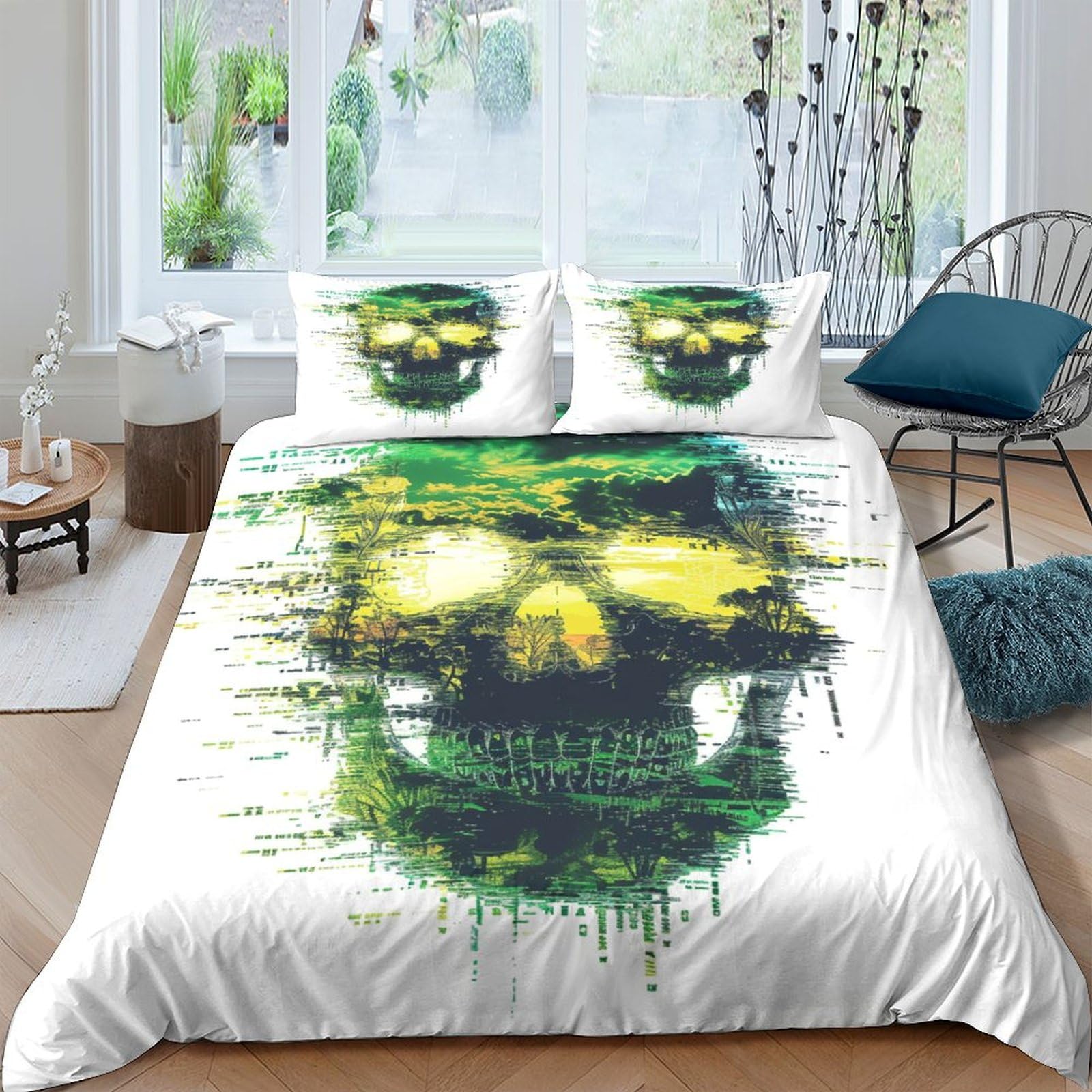 Housse de couette crâne 3D parure de lit 3 pièces en microfibre double 200x200cm