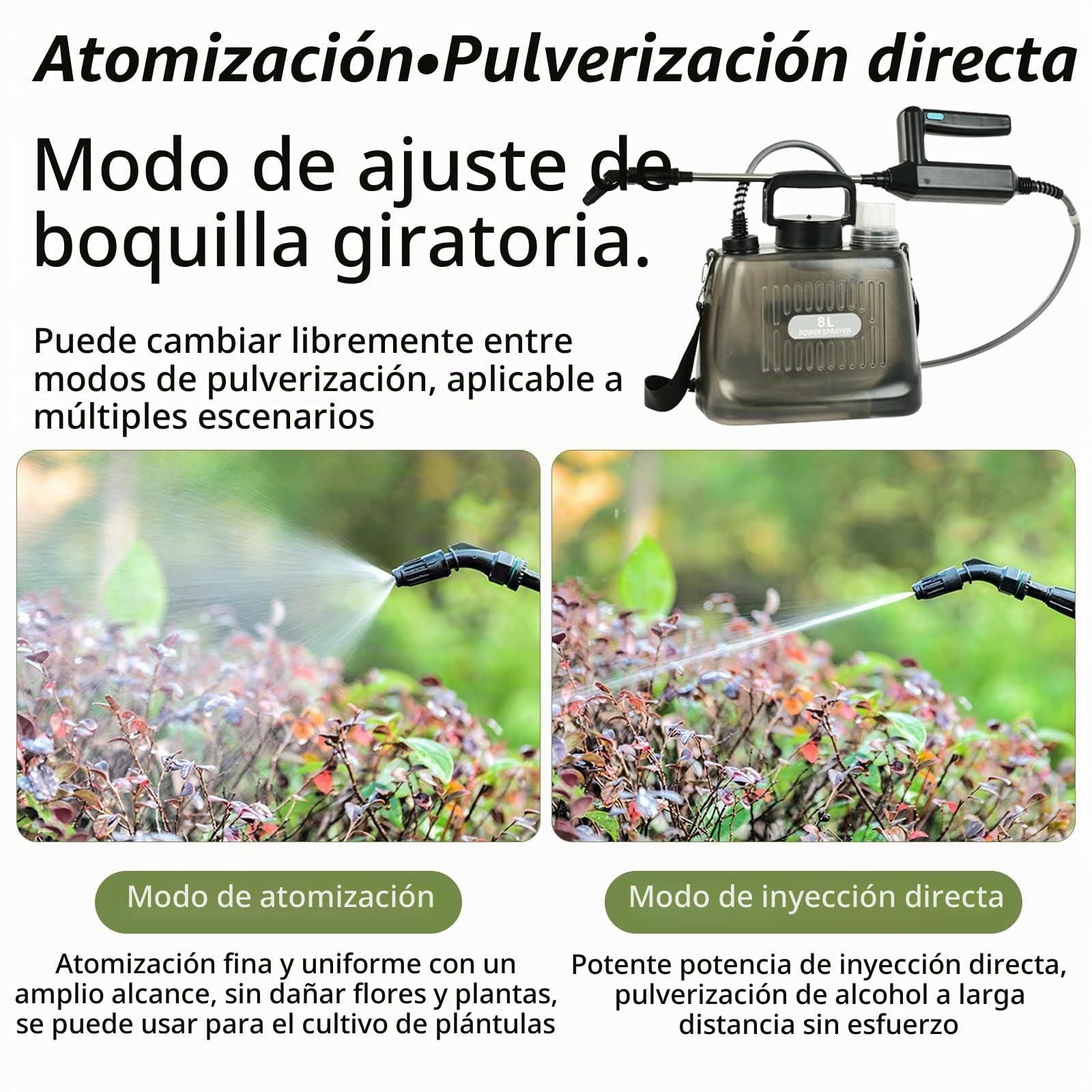 Pulverizador Presión, 8L Batería Pulverizador Jardín con Lanza 4 Boquillas Pulverización Ajustables Pulverizador Mochila con Batería 2400Mah Bomba Automática Lanza Telescópica Tanque Transparente