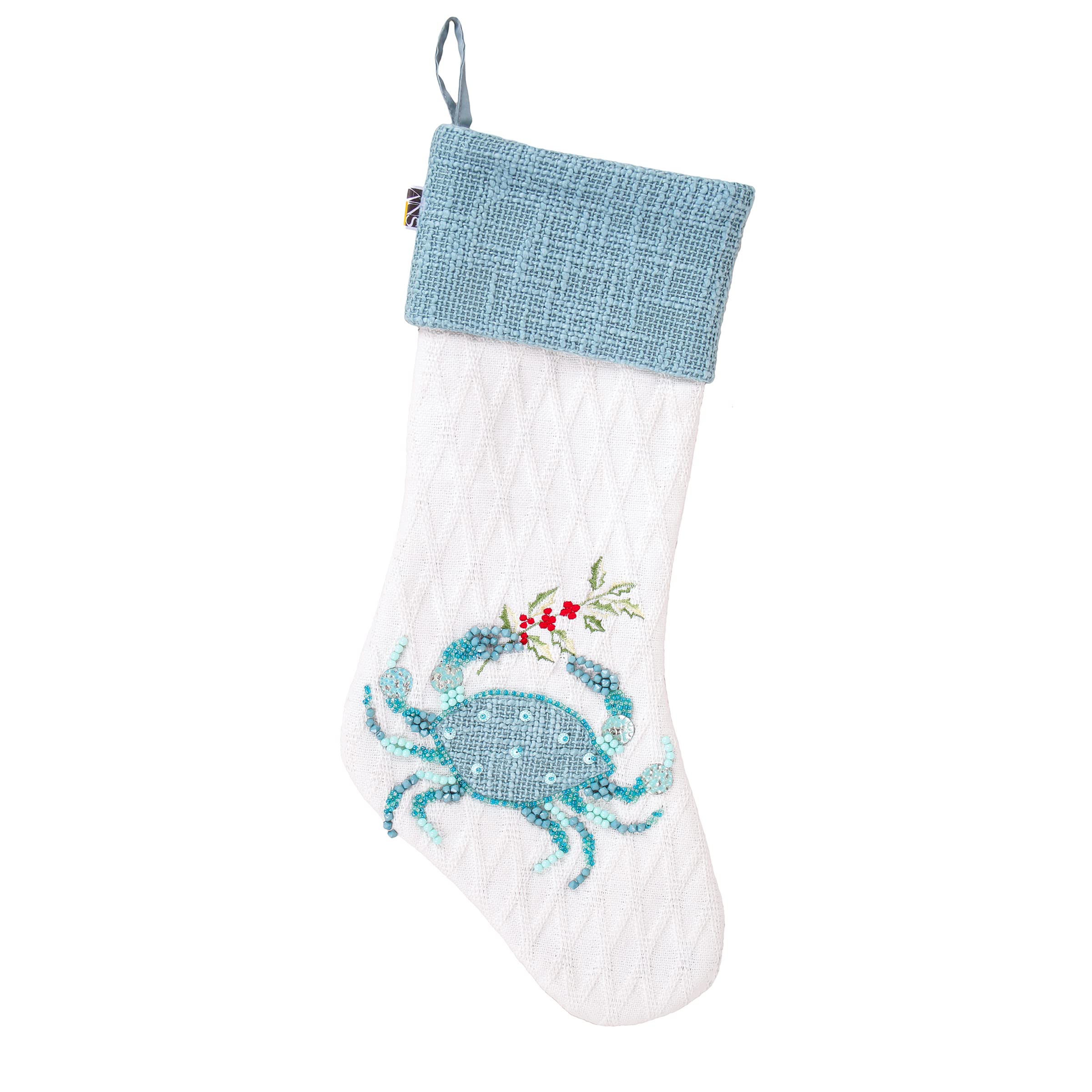 HGTV Home Collection Unlit Embroidered Blue Crab Stocking with Hanging Loop, Unlit, HGTV Home Collection, White, 20 in