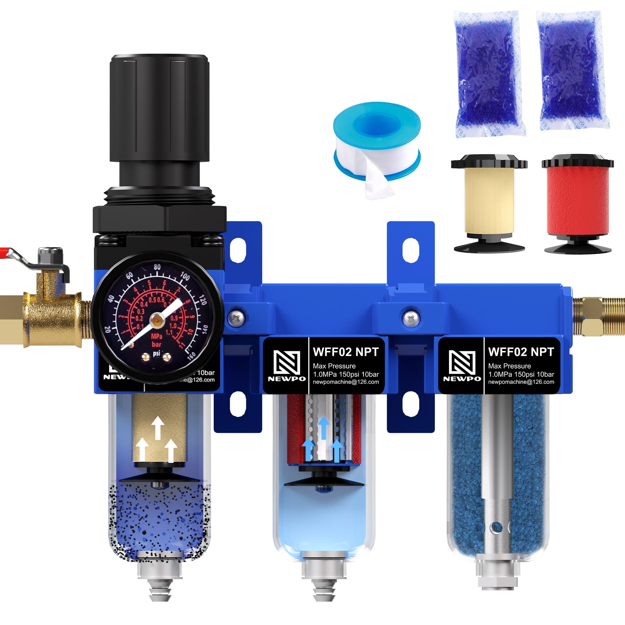 NEWPO Combo regulador de filtro de compresor de aire NPT de 3 etapas de 1/4 pulgadas, separador de agua del compresor de aire con secador desecante, filtro de latón y coalescente, drenaje
