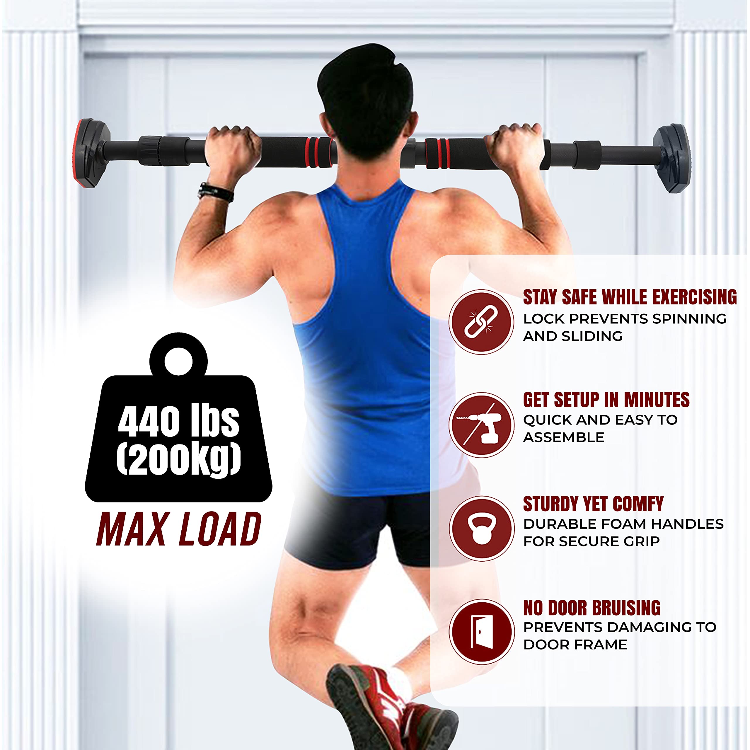 Doorway Pull Up Bar, Chin Up Exercise Bar, Strength Training Upper Body Workout, Ideal Home Gym Equipment, Door Frame Pull-up Bar with Locking Mechanism, Adjustable Width Workout Bars - 440lb