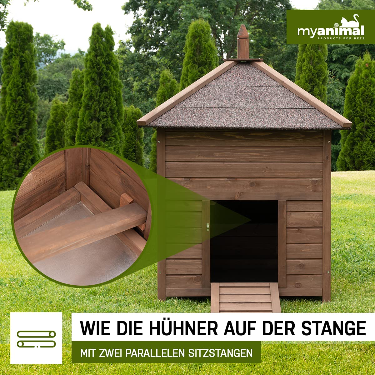 Miweba MyAnimal Poulailler MH-11 avec pondoir | pour 3 Poules - Nichoir séparé - 2 perchoirs - Résistant à l'hiver - Maison pour Poules - Bois de pin - Volière - Trappe (Marron foncé)