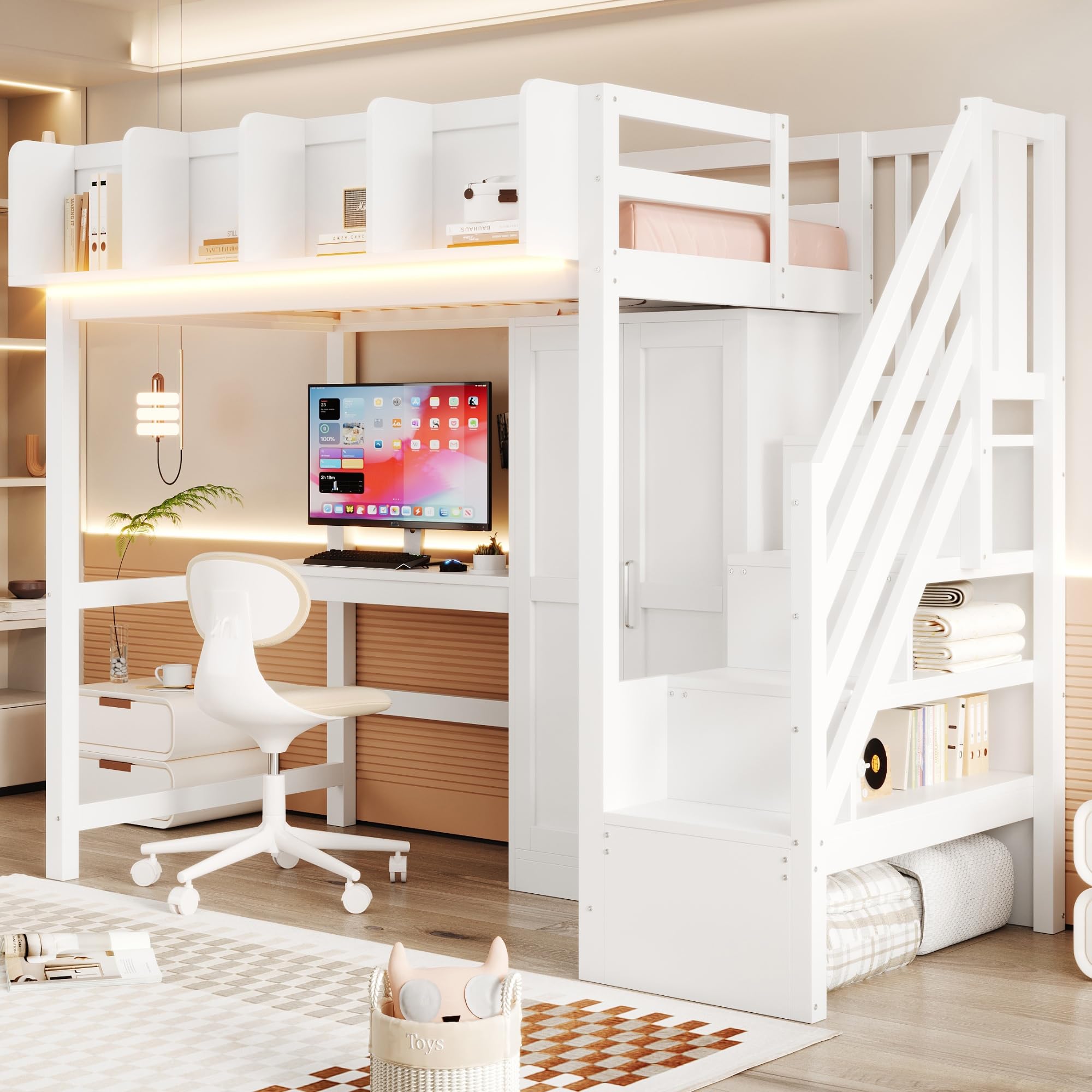 Multifunktionales Hochbett 90 x 200 cm, mit Schreibtisch, Kleiderschrank und Aufbewahrungsleiter, Ausgestattet mit USB und Steckdosen, Sicherheitsgeländer Mit Ablagefläche, Weiß