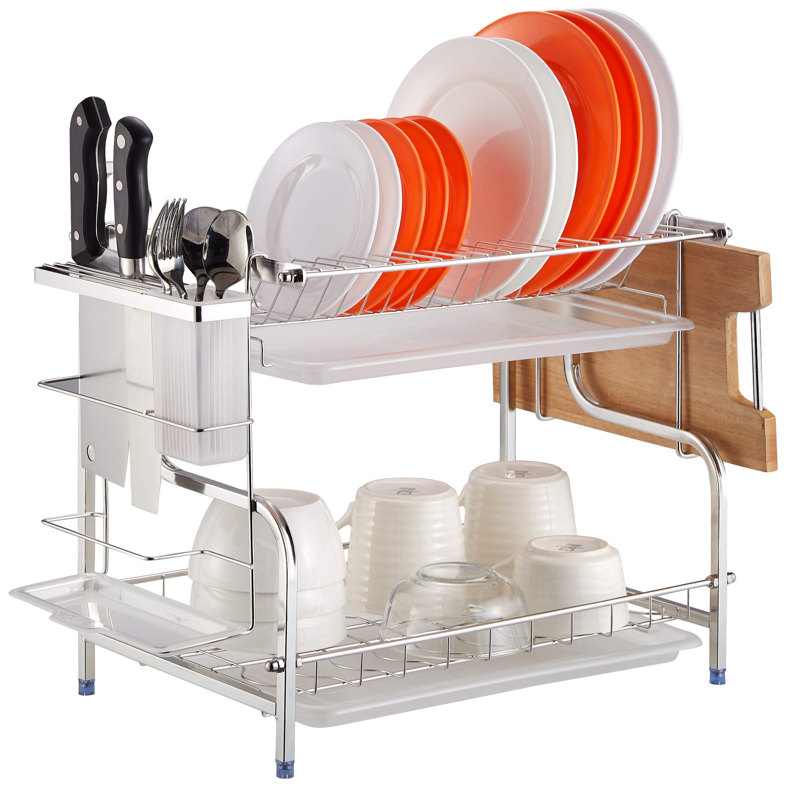 Dish Rack, NATUROUS 304 Stainless Steel 2 Tier Dish Drying Rack with Drain Board, Utensil and Cutting Board Holder, Rust-Resistant Dish Rack