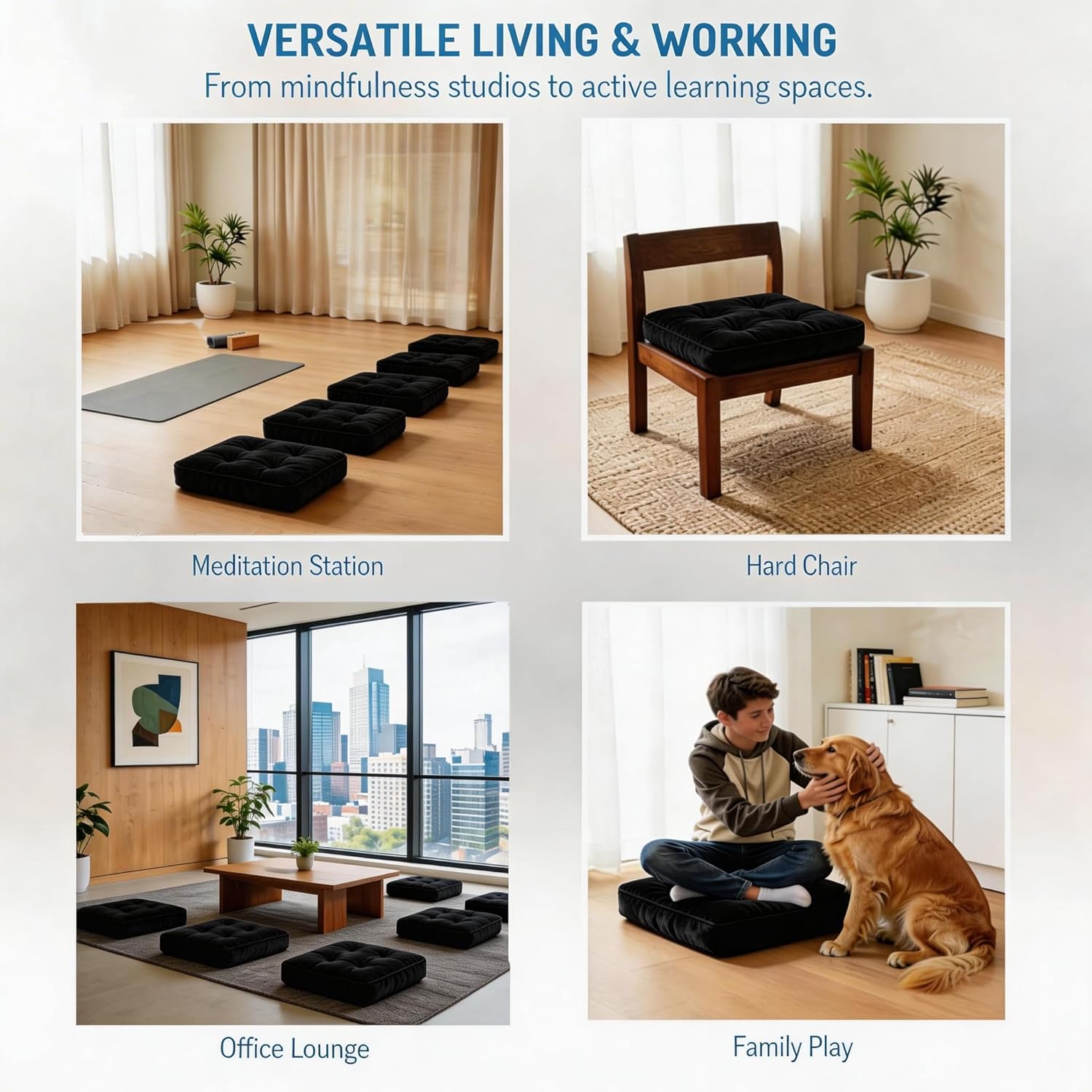 Big Hippo 17x17 Chair Pads with Ties - 1.95" Thick Tufted Seat Cushion for Tailbone Pain Relief - Machine Washable Square Chair Pillow for Hard Wooden Dining Chairs & Office Desk (Black)