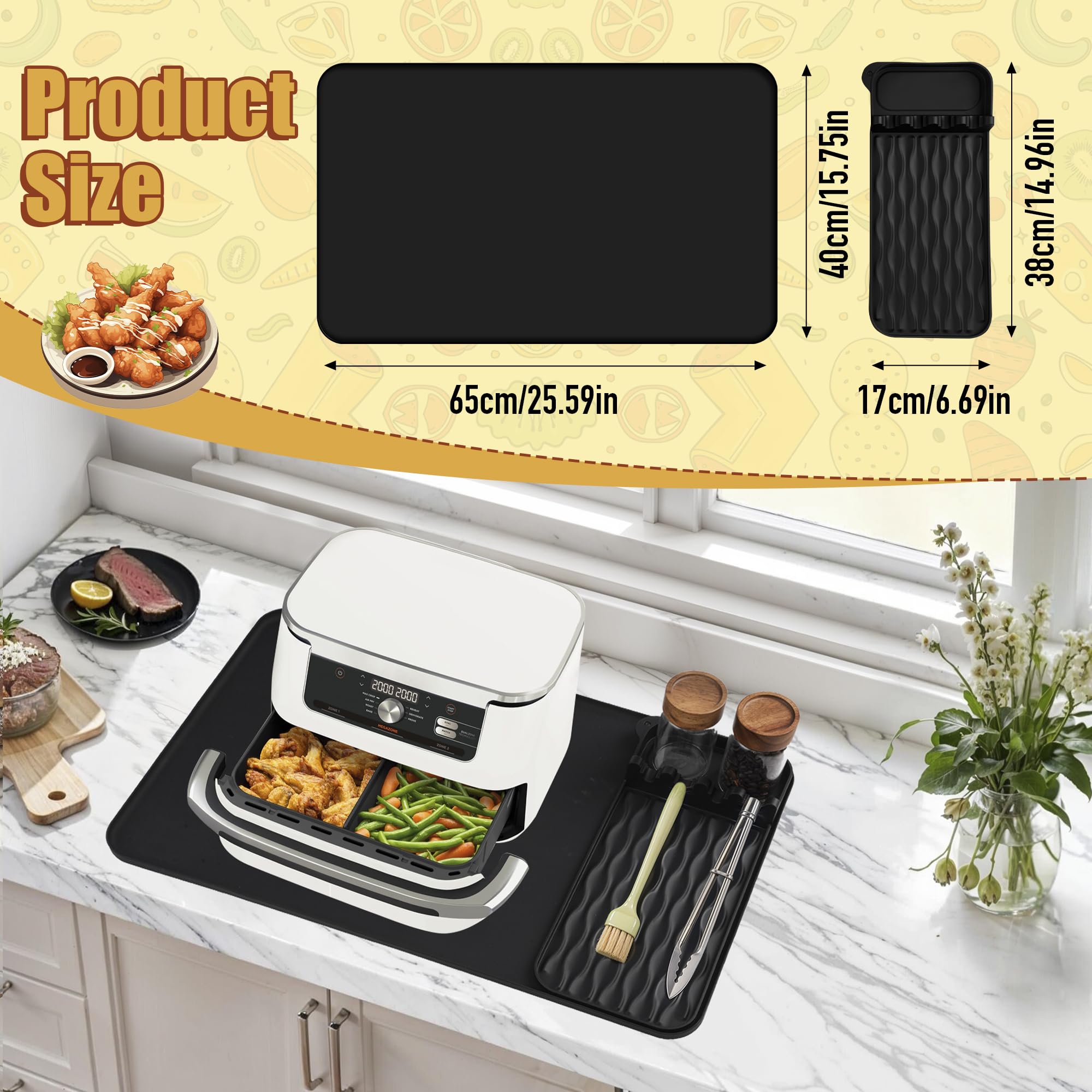Ninipie 65×40cm Luchtfriteuse Hittebestendige Siliconen Mat, Heteluchtfriteuse Accessoires Keuken Werkbladbescherming Mat voor Philips/Ninja/Cosori, Met Verwijderbaar Siliconen KussentjeI Zwart