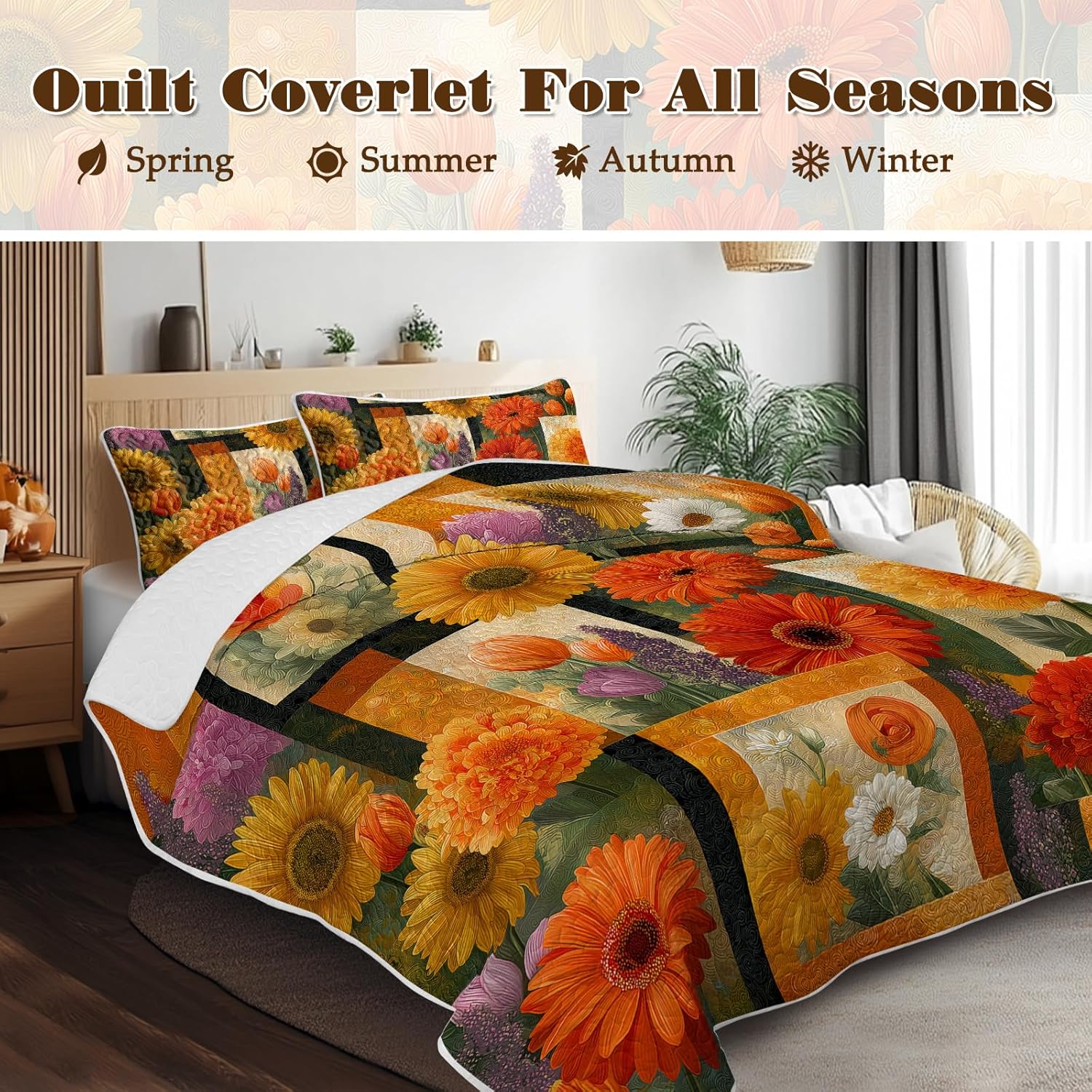 BlessLiving 3-Piece Full Size Quilt Set, Ultra Soft Microfiber Lightweight Daisy Frame Pattern Bedspreads Coverlets Bedding Set with 2 Pillow Shams for All Seasons， Autumn Bed Cover for Teens