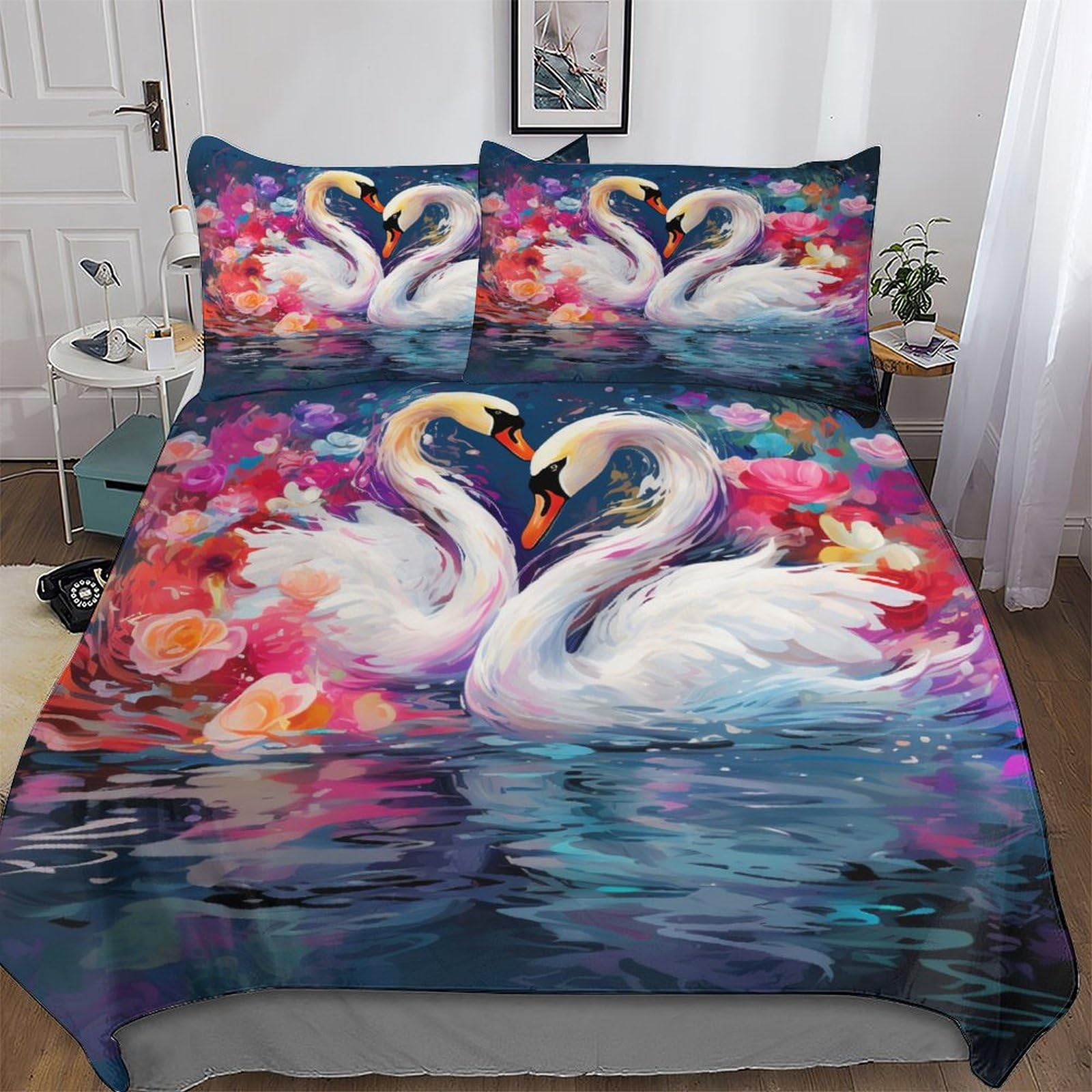 Swan 3D Duvet Cover Bedding Set with Pillowcases Cosy Super Soft Bed Linen Quilt Cover 3 Pcs for Kids, Youth And Adult Brushed Microfiber Comforter Cover King (220x240cm)