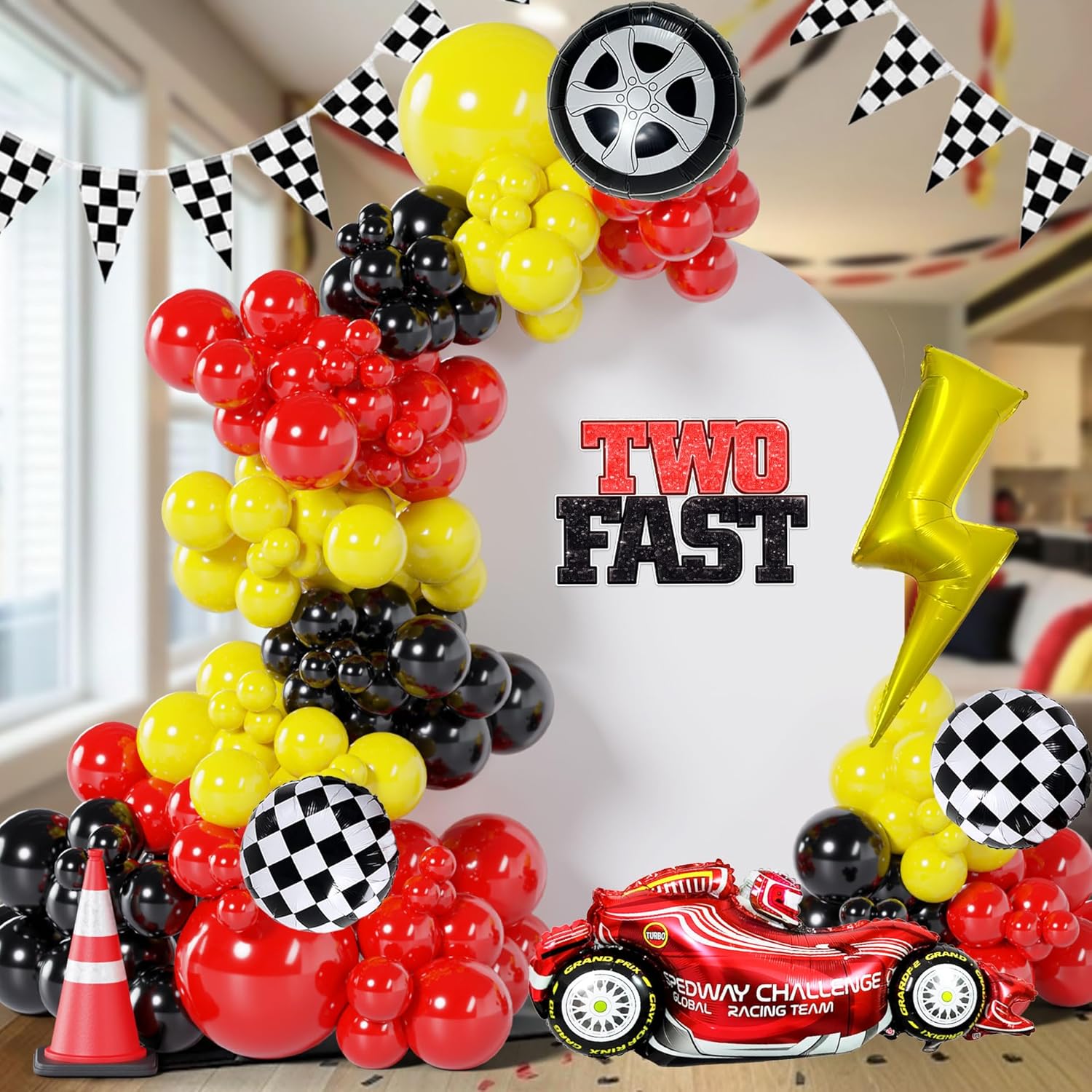 Lightning-Themed Race Car Balloon Arch Kit, Red Black Yellow Balloons with Checkered Flags, Tire Balloons, Lightning Decor for Boys Birthday Party Decorations