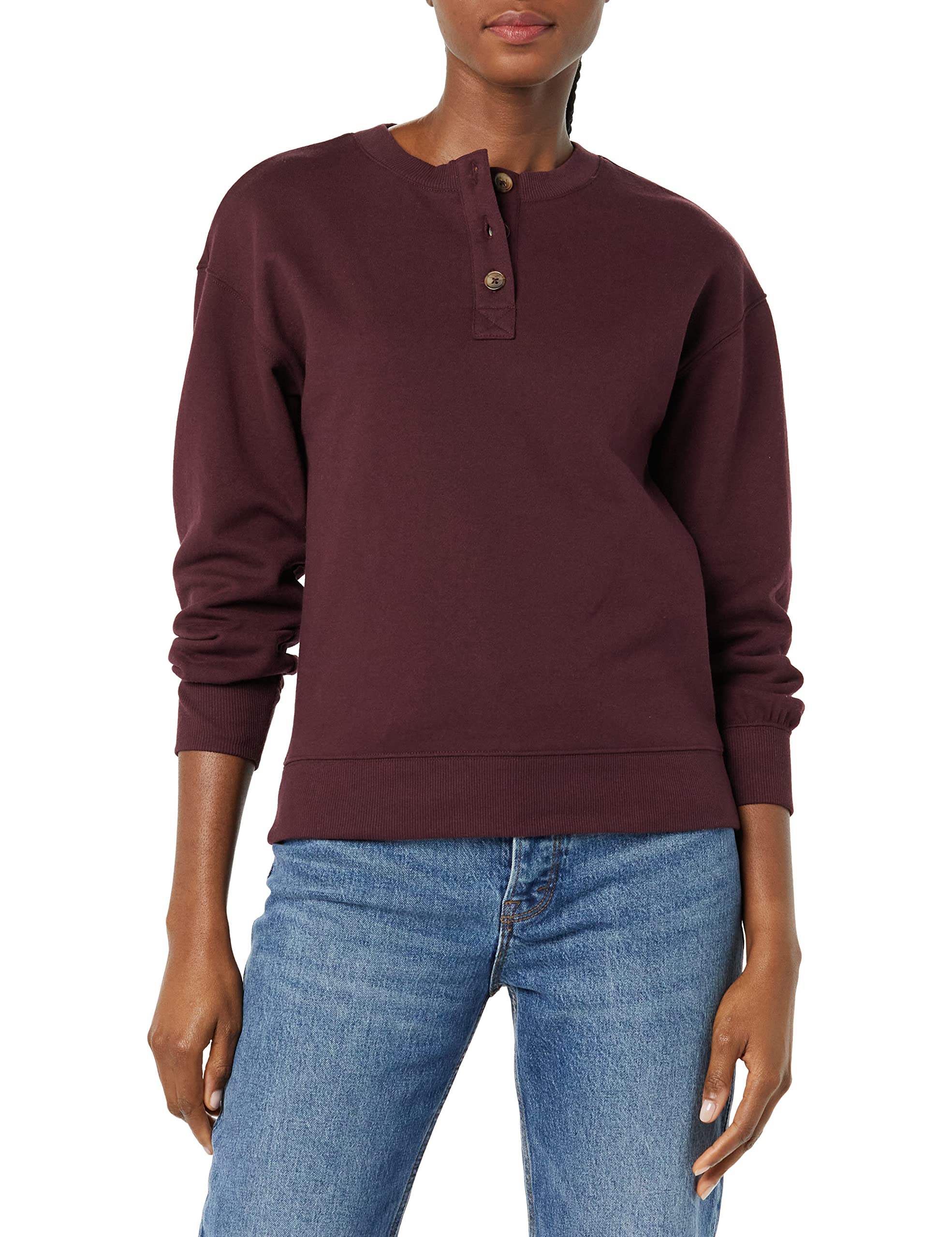 Photo 1 of Amazon Essentials Women's Relaxed-Fit Henley Fleece Sweatshirt (Available in Plus Size) X-Large Burgundy