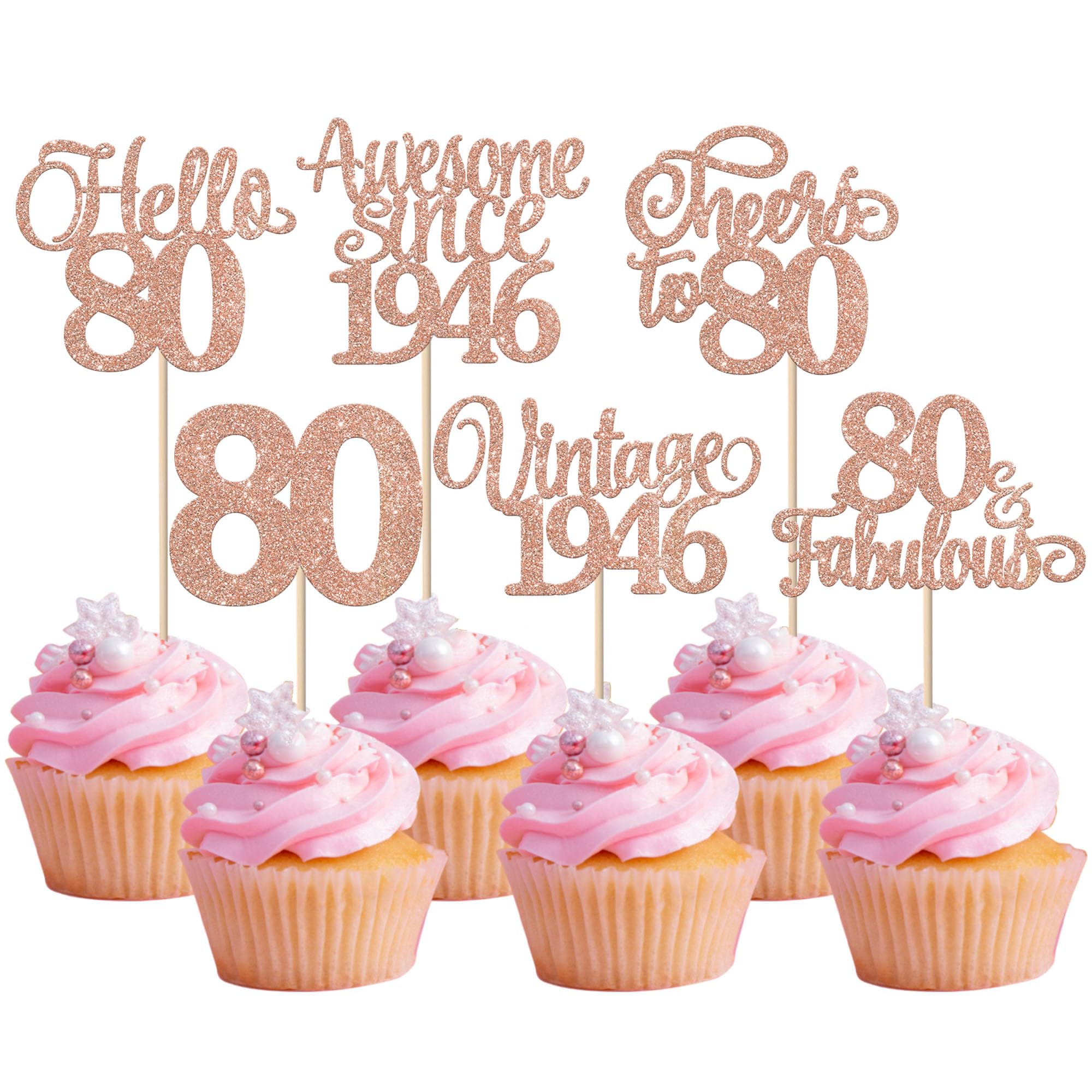 Xsstarmi 24 Pack Vintage 1946 Cupcake Toppers Rose Gold Hello 80 Fabulous Cupcake Picks Cheers to 80 Years Birthday Cake Decorations for Happy 80th Birthday Anniversary Party Supplies — image 1