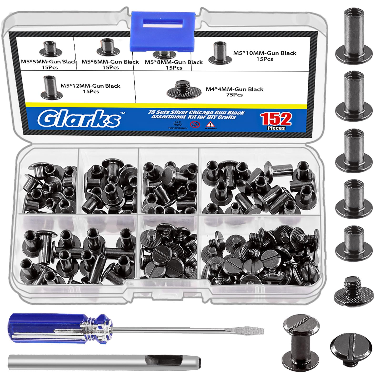 Glarks 150 Sets Gun Chicago Screws Assorted Kit, M5 x 5mm, 6mm, 8mm, 10mm, 12mm Chicago Rivets and 4x4mm Flat Head Stud Screw