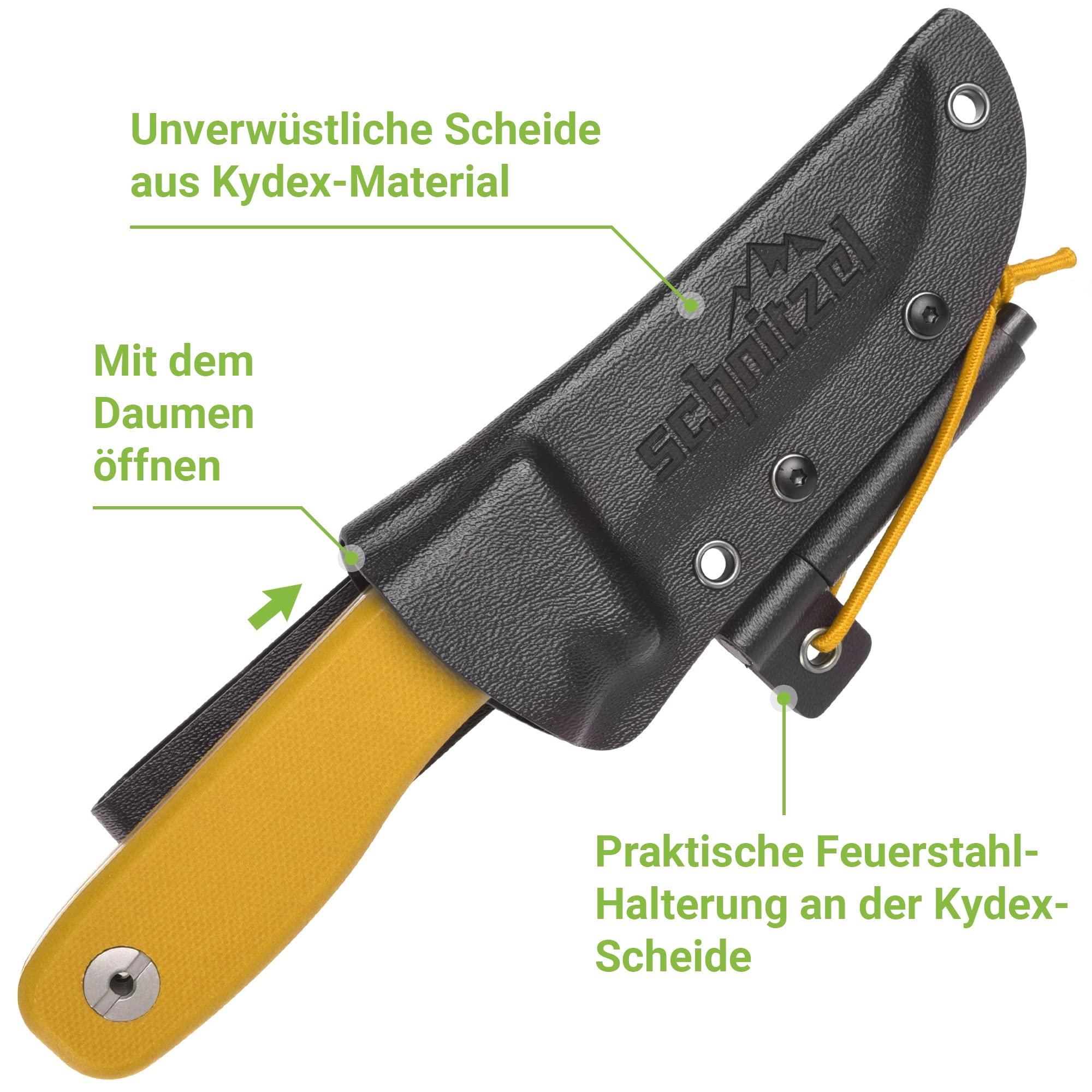 SCHNITZEL DU Outdoormesser für Kinder und Jugendliche ab 10 Jahren, Gelb | 8,5 cm Klinge aus rostfreiem 14C28N-Stahl, Kydex Scheide, Feuerstahl, Kindermesser, Schnitzmesser, Fahrtenmesser