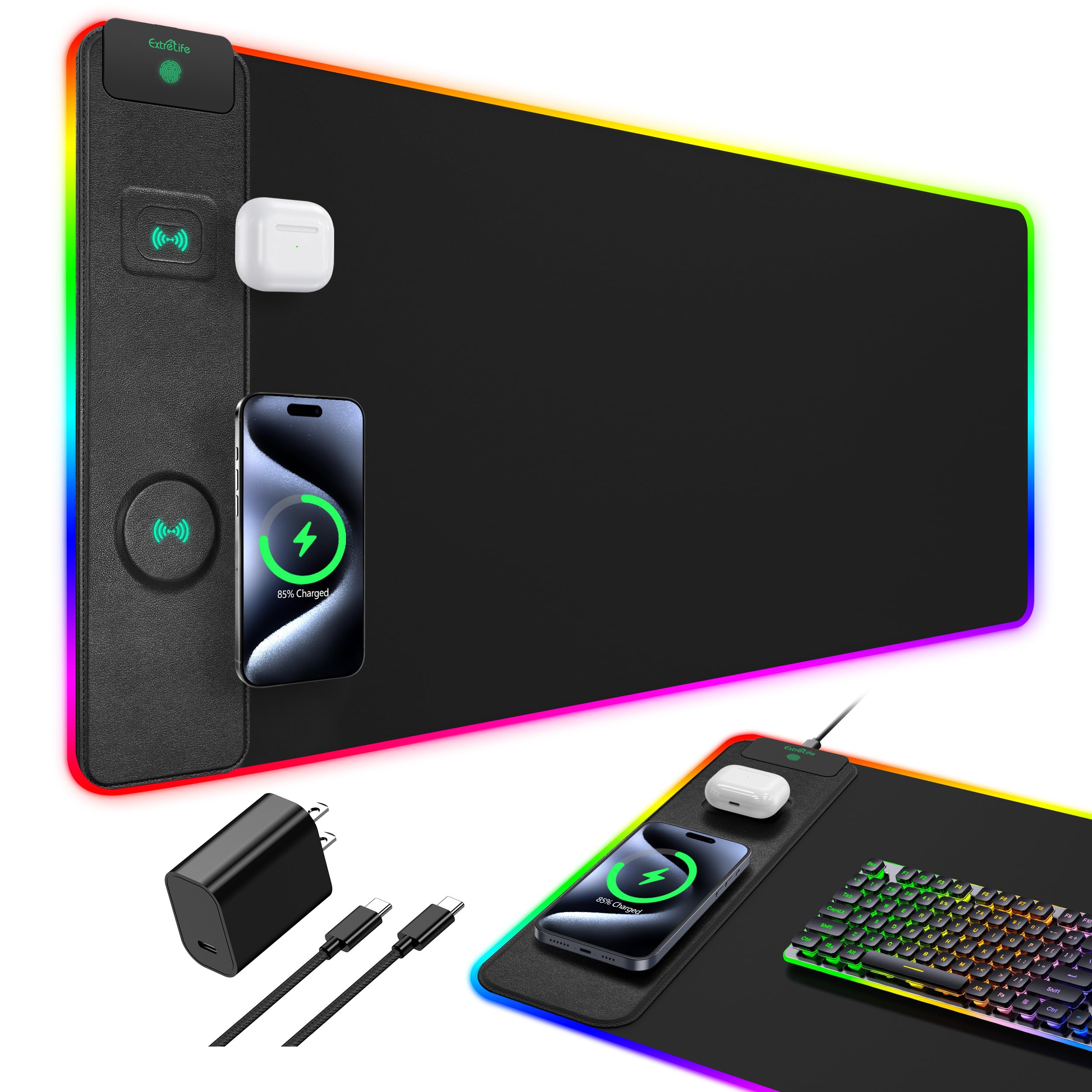 Mouse Pad with Wireless Charging, RGB Gaming Desk Mat, 31.5"x15.7" Large XXL Desk Pad, 15 Lighting Modes, Non-Slip Mouse Mat, Waterproof Computer Keyboard Pad, Black with 20W PD Power Adapter