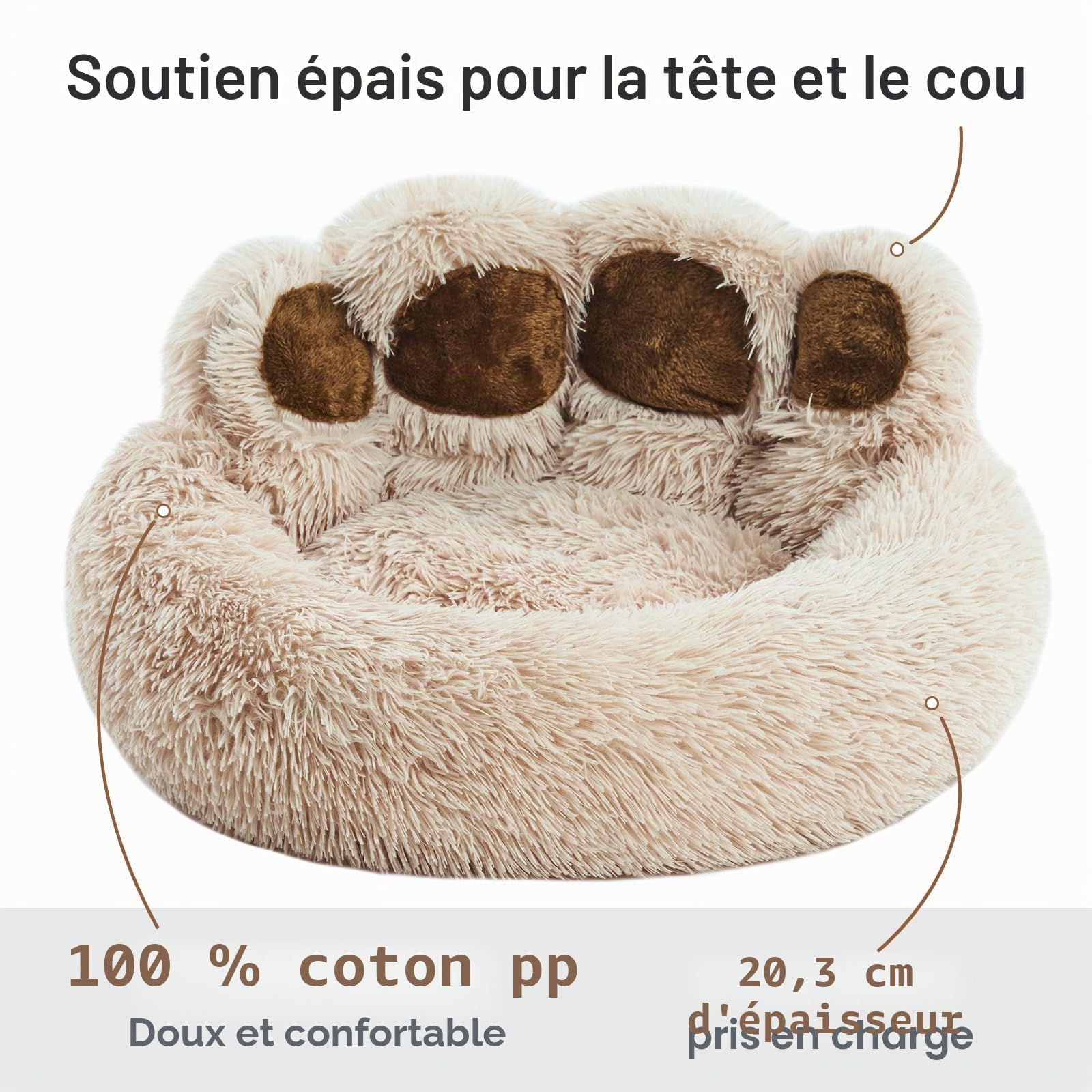 Jiupety Lit pour Chat de Forme de la Patte, Panier Chat Moelleux en Forme de Beignet, Moyen Format Le diamètre est de 56 cm, Confortable et Doux, Lavable en Machine Dog Cat Bed, Camel
