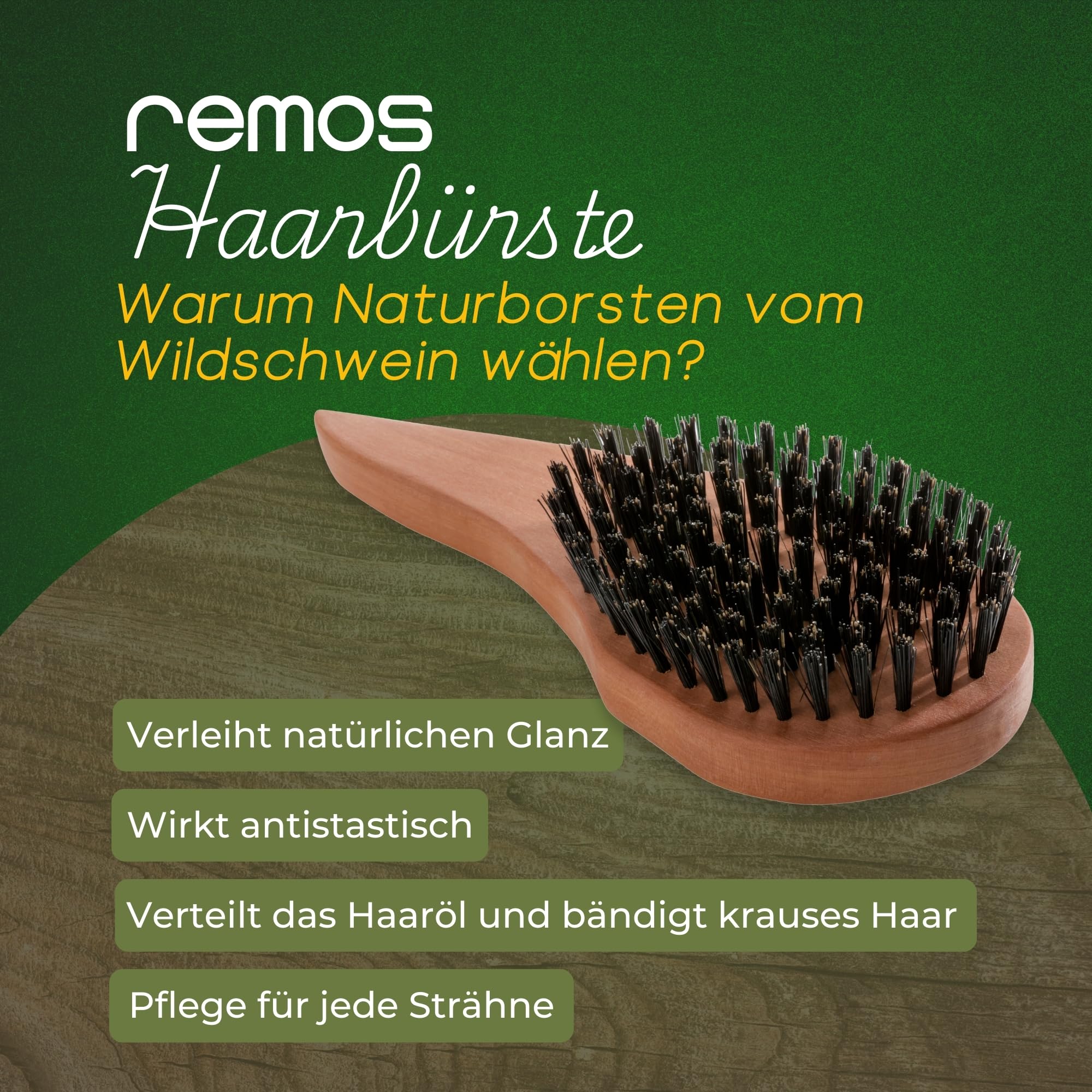 REMOS Natur Haarbürste 100% Wildschweinborstenmit ergonomischem Griff