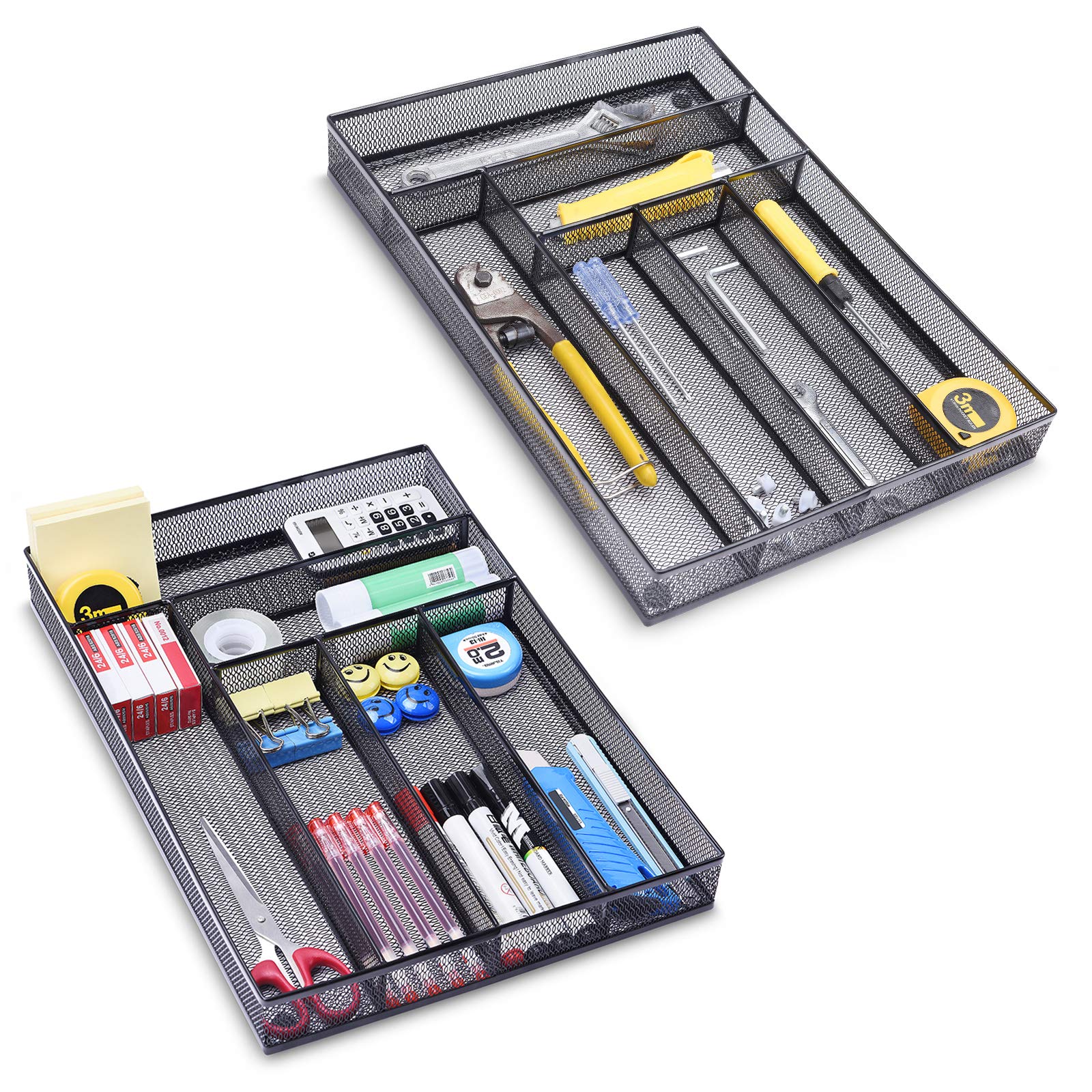 WuGeShop Plateau de rangement à 6 compartiments en maille métallique pour couverts de cuisine, organiseur de tiroir d'argenterie et plateau à couverts avec tapis antidérapant (noir)