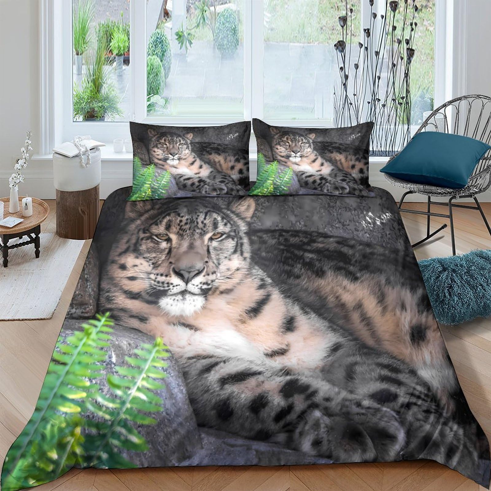 Ctjqhvkz Style-1 3D Printed Snow Leopard Fitted Sheet Microfiber Soft Anti-Slip Jungle Leaves Bed Cover For Bedroom Dorm Mattress Protection Decor Single（135X200cm）