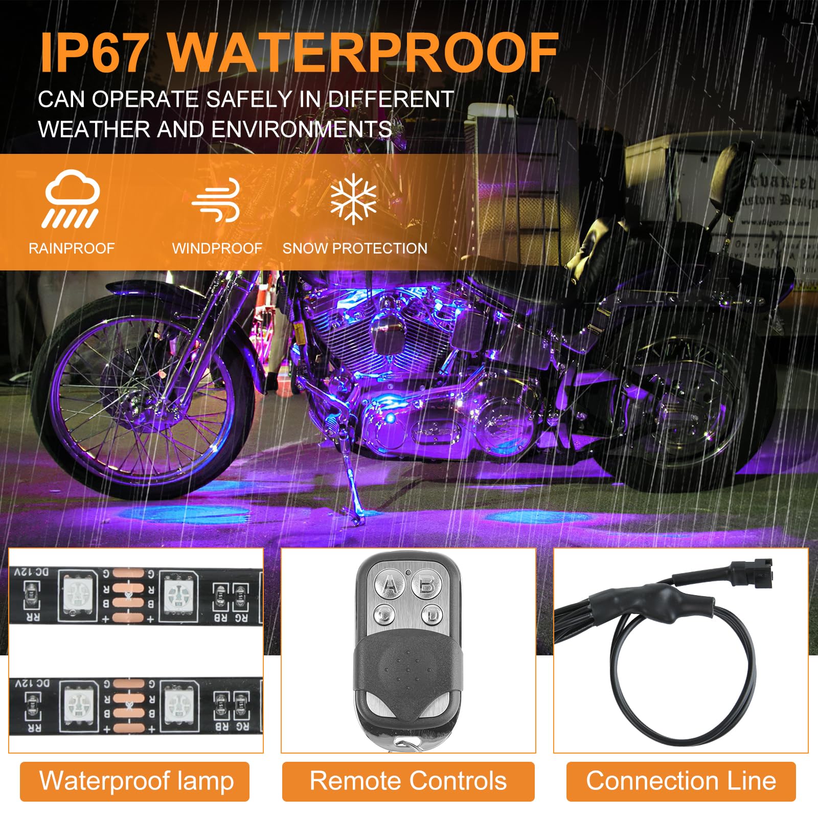 12PCS Lumineuses LED pour Moto Étanches RGB Néons Lumière D'ambiance à Effet de Sol DC 12V avec Application et Télécommande RF Compatible avec Harley Honda Kawasaki Yamaha Quad Moto
