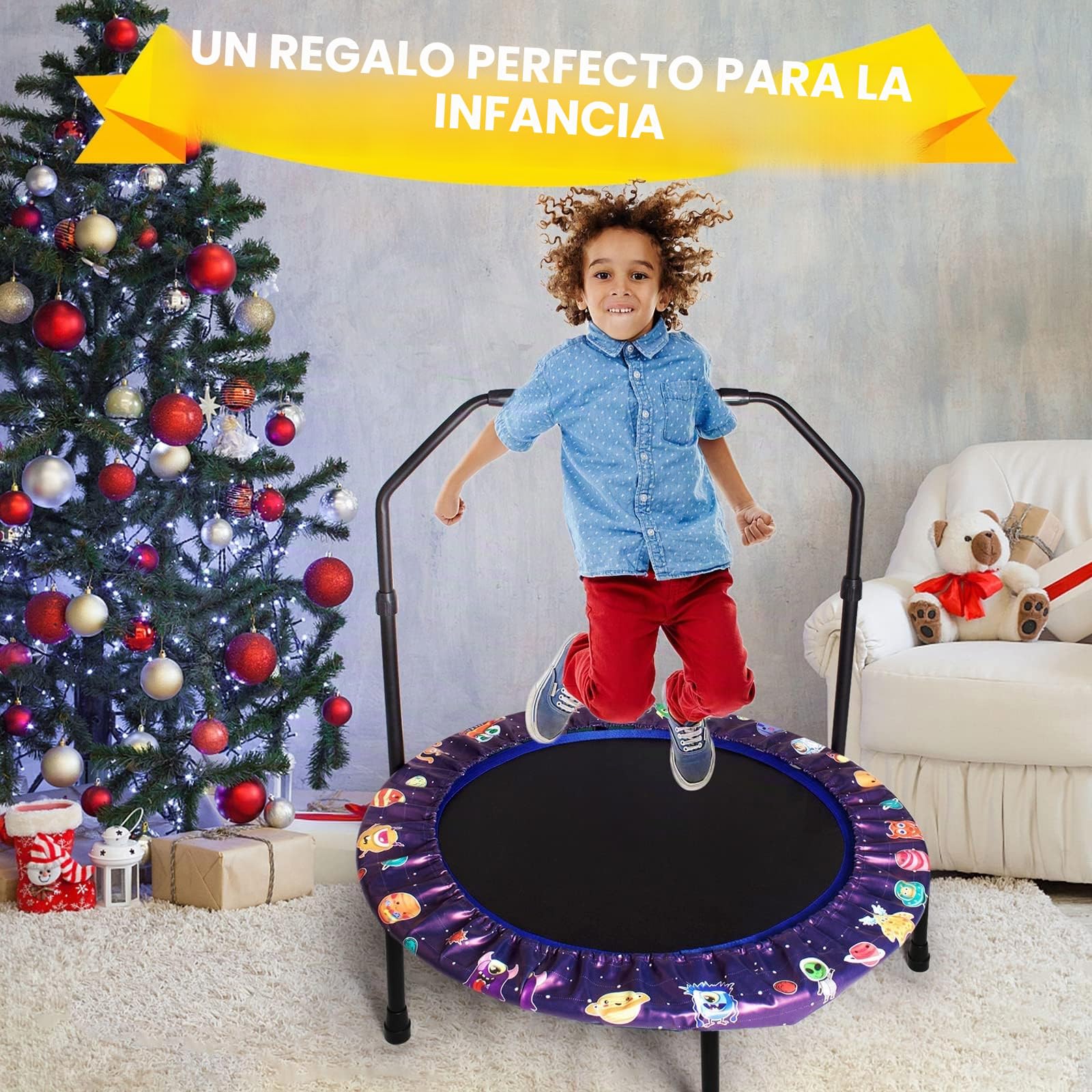 Mini Trampolín para niños de 91 cm para Interiores y Exteriores con asa Ajustable y Cubierta Acolchada de Seguridad,Plegable para Que los niños Pequeños Jueguen y Hagan Ejercicio