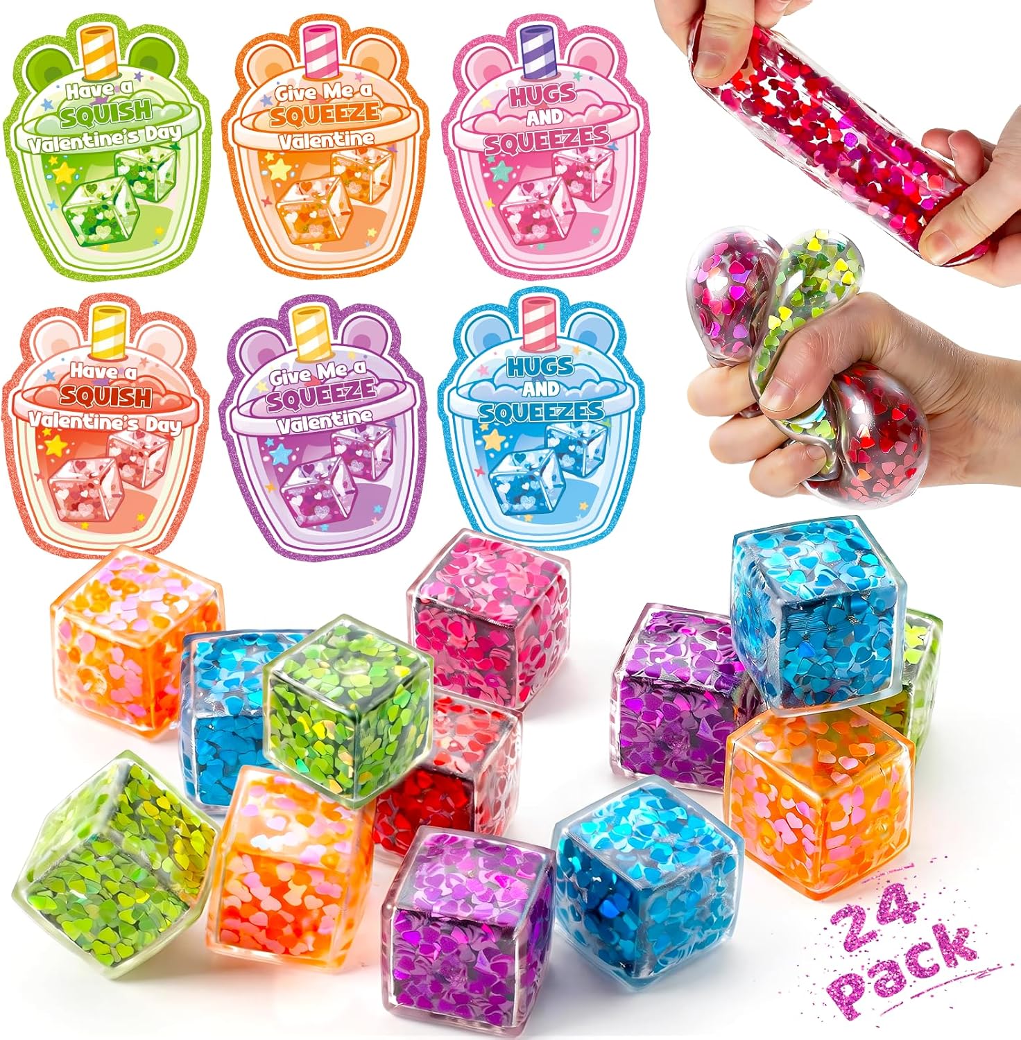 24 Pcs Valentine’s Day 1.2" Ice Cube Glitter Squeeze Balls with Drink Cards, Stress Relief Fidget Toys for Kids School, Valentines Party Favors Classroom Exchange Gift for Boys Girls