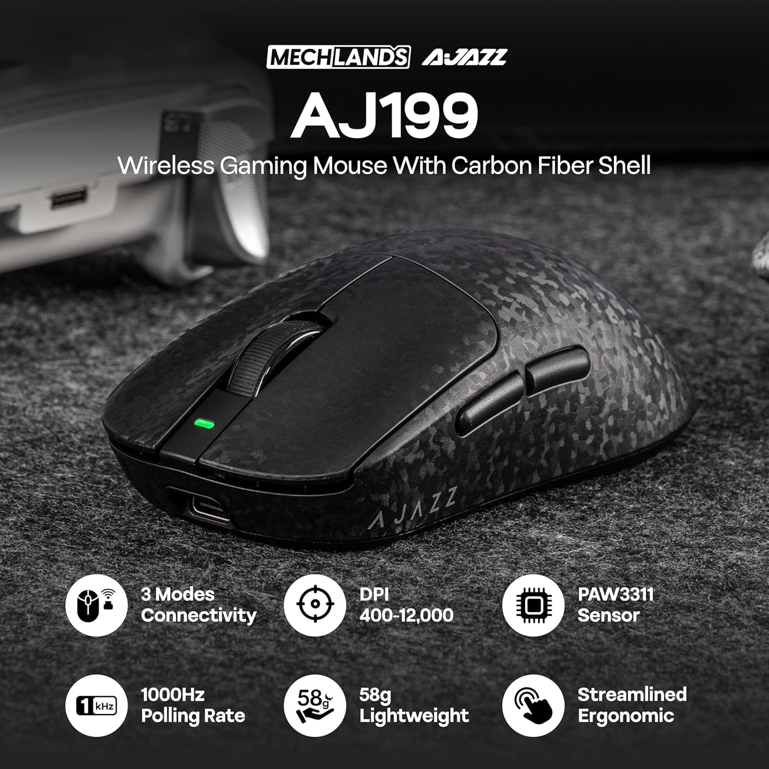 AJAZZ AJ199 Lightweight Gaming Mouse with Carbon Fiber Shell, 2.4G/USB-C/BT Wireless Mouse with 500mAh Battery, Adjustable 12,000 DPI & 1KHz Polling, PAW3311 Sensor for PC/Mac/Gaming (Black)