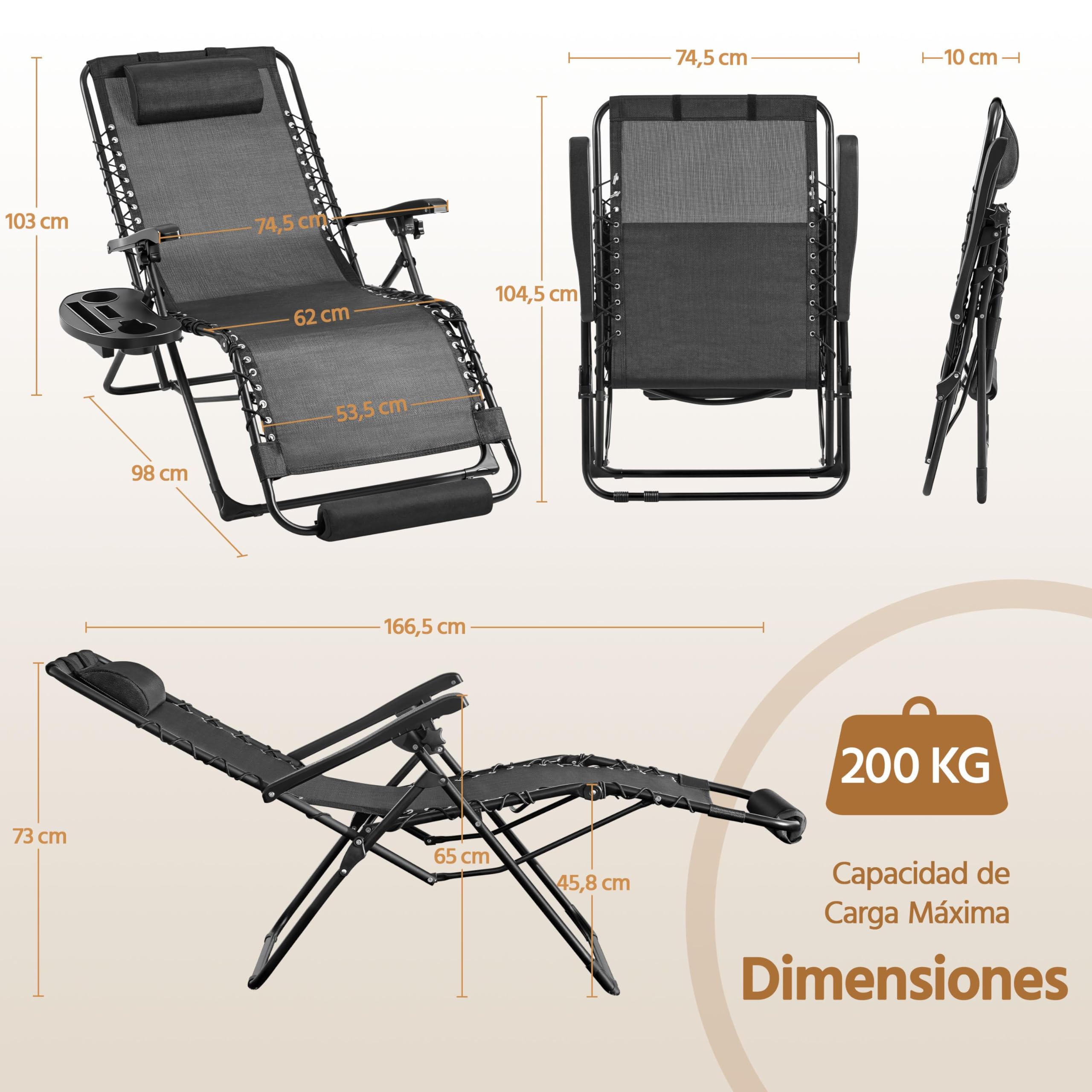 Yaheetech Tumbona Plegable y Resistente, Tumbonas Jardin Exterior, Capacidad de Carga 200kg, Tapizado Ergonómico, Respaldo Ajustable, Cojín Cervical, Portavasos y Cojín para Brazos, Gris Oscuro/Negro — view 3