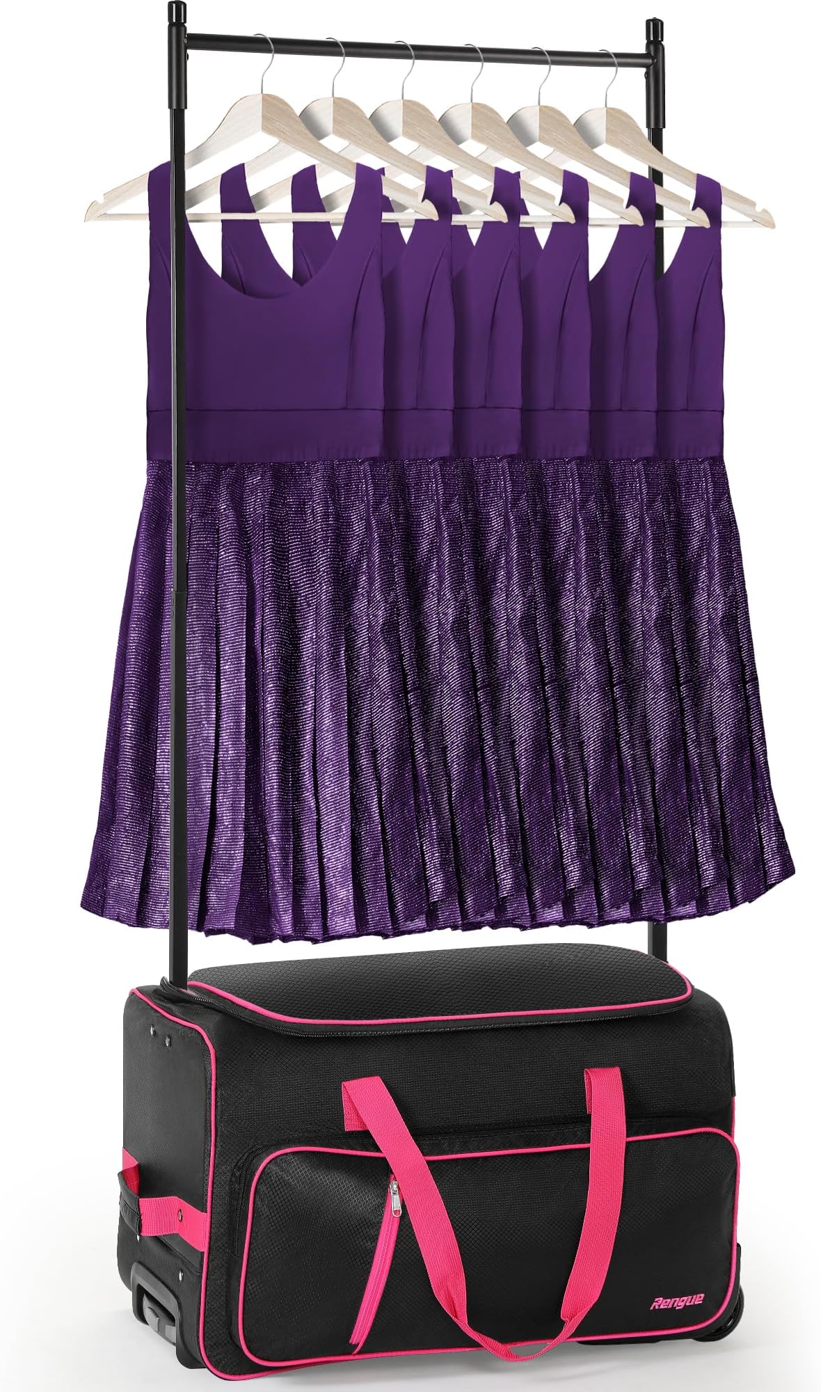 Rengue23" Dance Duffle Bag with Garment Rack, Rolling Garment Bags for Travel, Wheeled Upright Luggage Closet Suitcase in Black+Pink