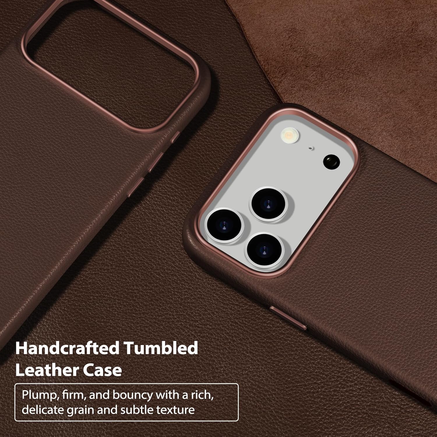 Belemay Handcrafted Premium Tumbled Leather Case for iPhone 17 Pro Max, Compatible with MagSafe, Distinctive Texture, Natural Patina, Camera Control Button, Metal Buttons Phone Cover (6.9"), Brown - Image 2