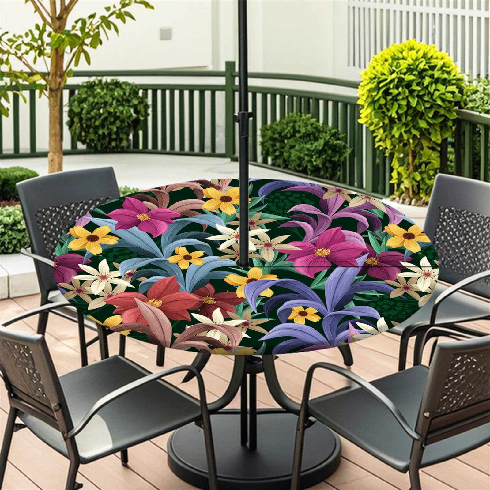 Fasbuy Outdoor Round Tablecloth with Parasol Hole and Zipper, Wipeable Table Cloth Waterproof, Vintage flower printing Tablecloths Elastic Edge for Patio Garden (Multicolor,L)