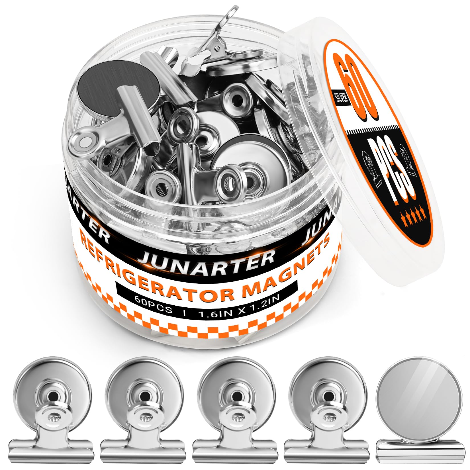 Junarter 60 Pack Magnetic Clips Heavy Duty, Silver Magnet Clips for Fridge, Refrigerator Magnets, Strong Magnetic Clip, Scratch Free Magnets with Clip