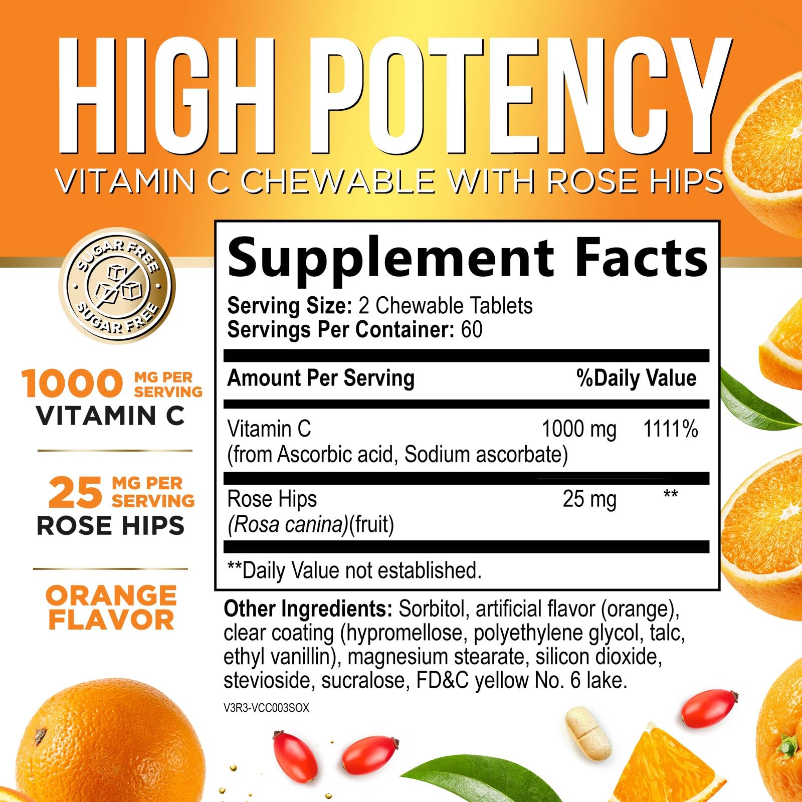 Vitamin C 1000mg Per Serving - Extra Strength Daily Immune Support with Rose Hips Chewable Supplement - Sugar Free Tasty Orange Flavor - Antioxidant & Collagen Support - USA Bottled - 120 Tablets — Amazon image 2