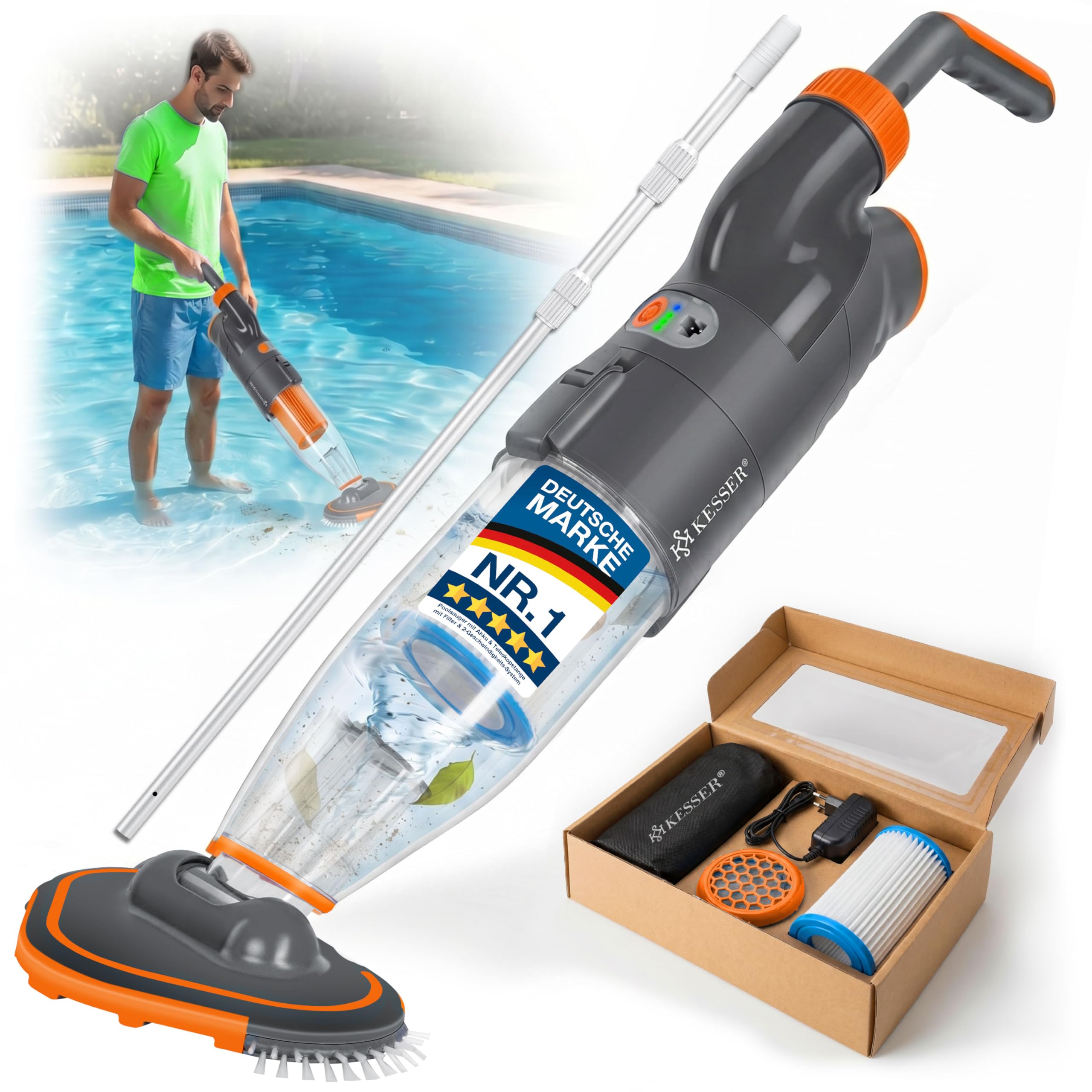 KESSER® Aspirador para Piscinas con batería | Aspirador eléctrico de Mano para Piscinas | Limpiador de Piscinas| Kit de Limpieza con Aspirador de Mano inalámbrico hasta 15 m³, Incl. Funda Protectora