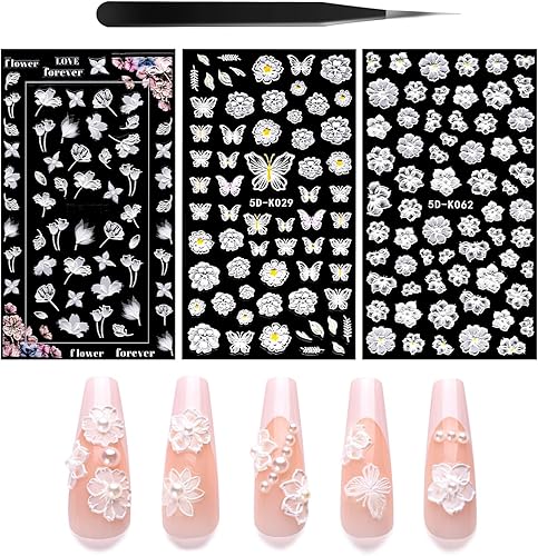 Calcomanías de arte de uñas de flores 5D, 3 hojas en relieve, huecas, exquisitas pegatinas 3D, autoadhesivas, encaje blanco, hojas florales, plumas,