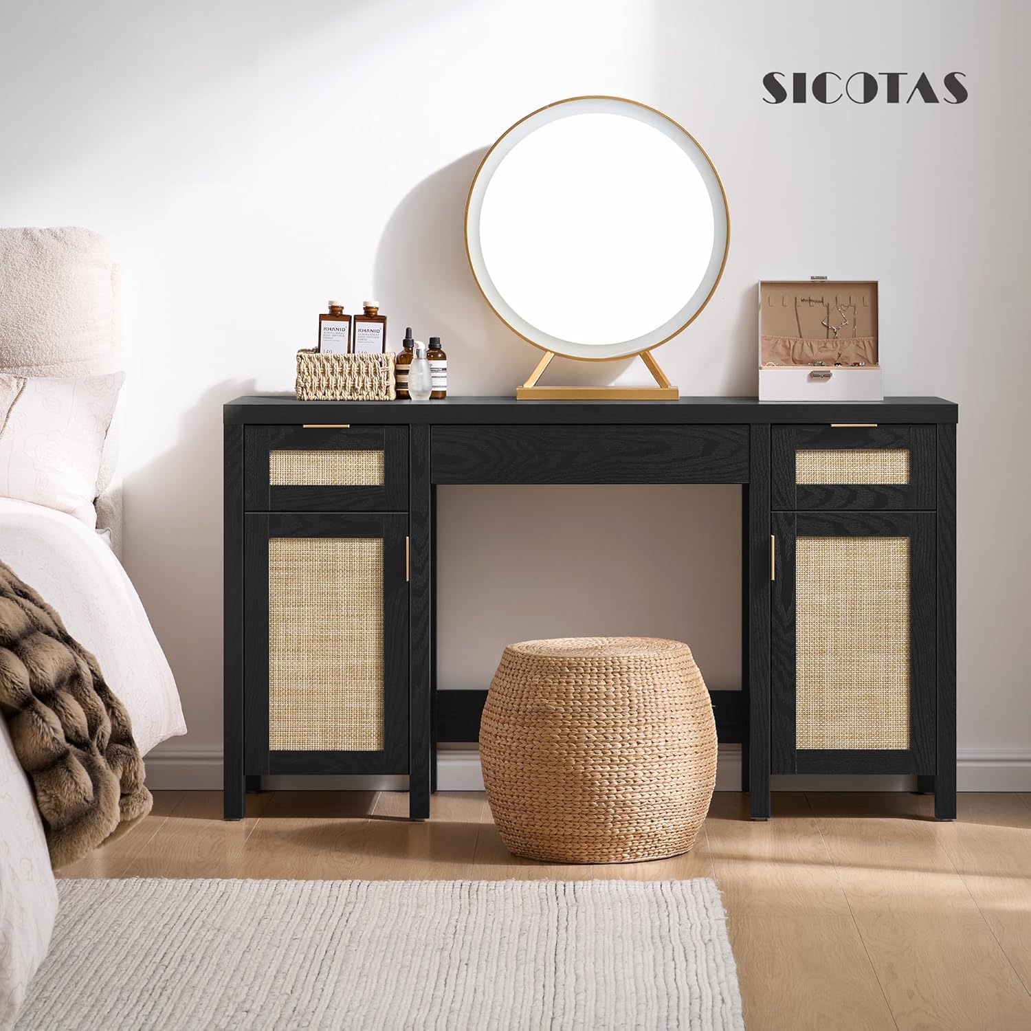 SICOTAS Rattan Vanity Desk used as a home office desk with a laptop and chair.