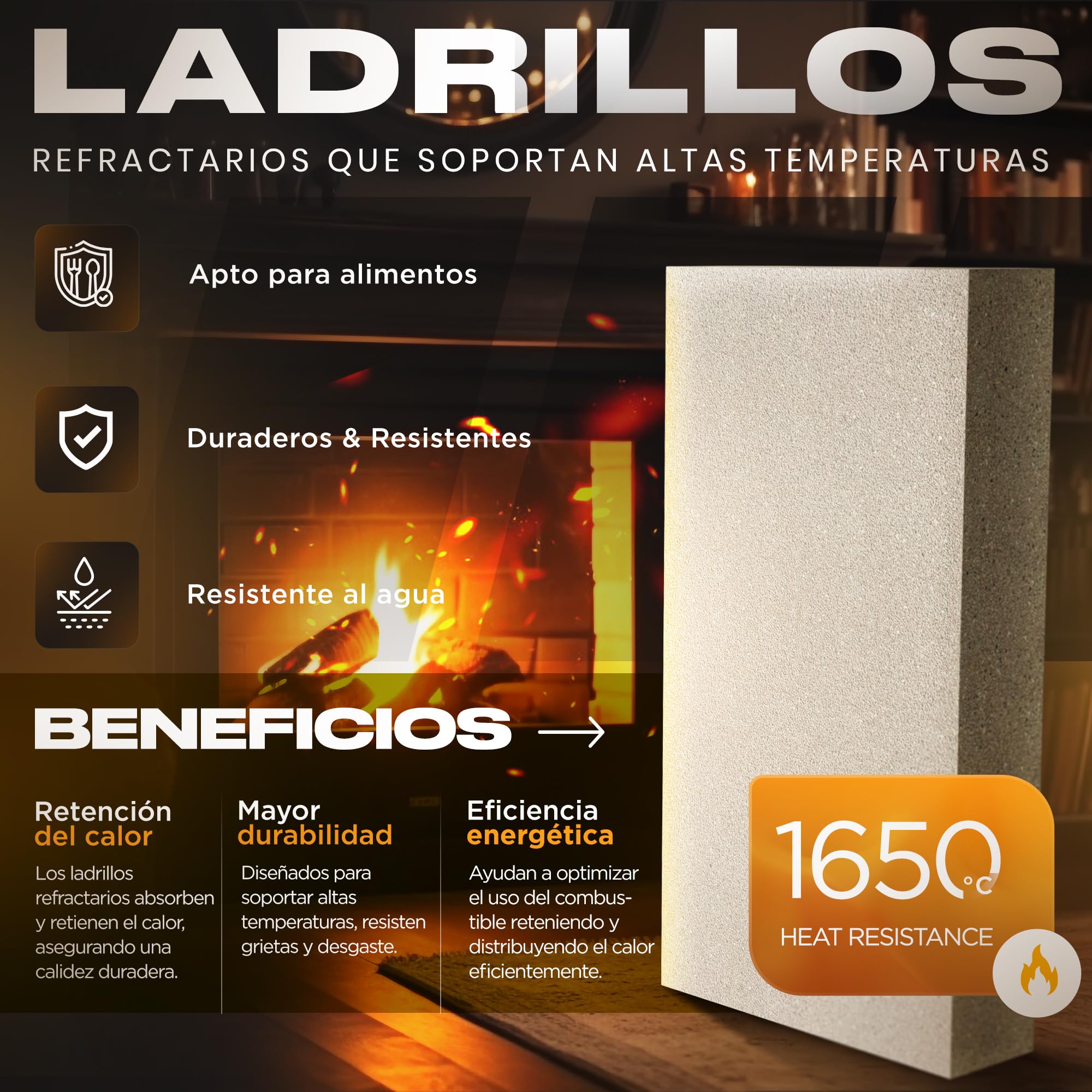 Pack 6 Ladrillos Refractarios 22 x 11 x 3 cm | Fabricados con Arcilla Refractaria | Ladrillo Refractario perfecto para Chimeneas, Hornos y Barbacoas