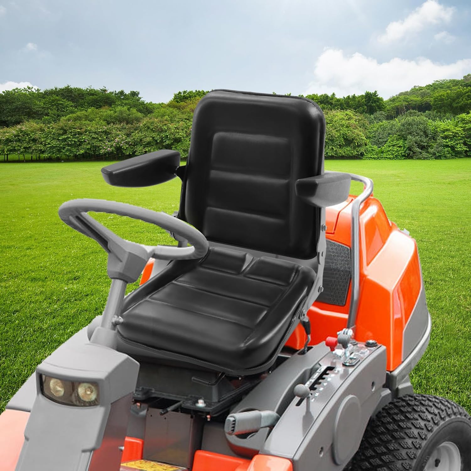 Universal Forklift Seat, Garden Tractor Seat with 30°-180° Adjustable Angle Backrest&armrests, Waterproof Lawn Mower Seat Pvc Mower Seat, Fits Excavator Skid Loader Backhoe Dozer Telehandler