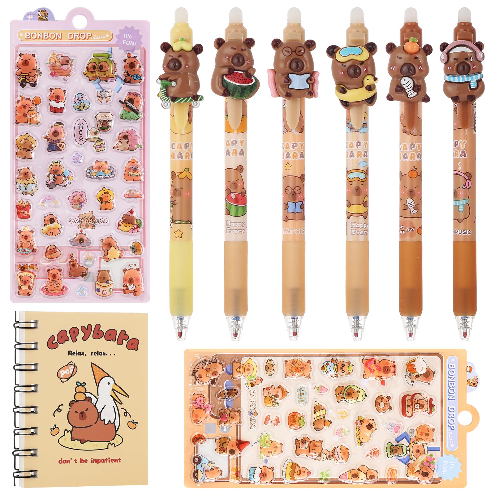 6PCS Capybara Pens Erasable Cute Stationery Capybara Gifts for Girls Boys