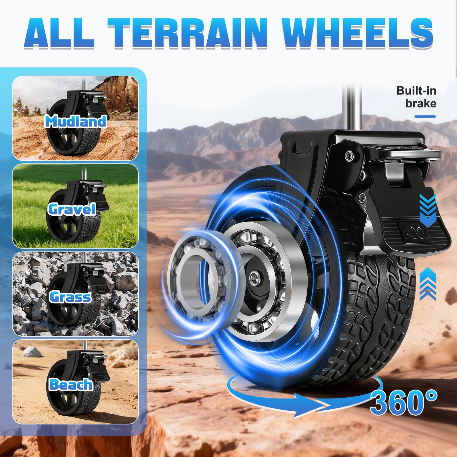 Carrello pieghevole pieghevole con ruote, resistente, 163,3 kg, portatile, pieghevole, con freni girevoli a 360°, ruote e portabicchieri, per campeggio, spiaggia, generi alimentari e giardino