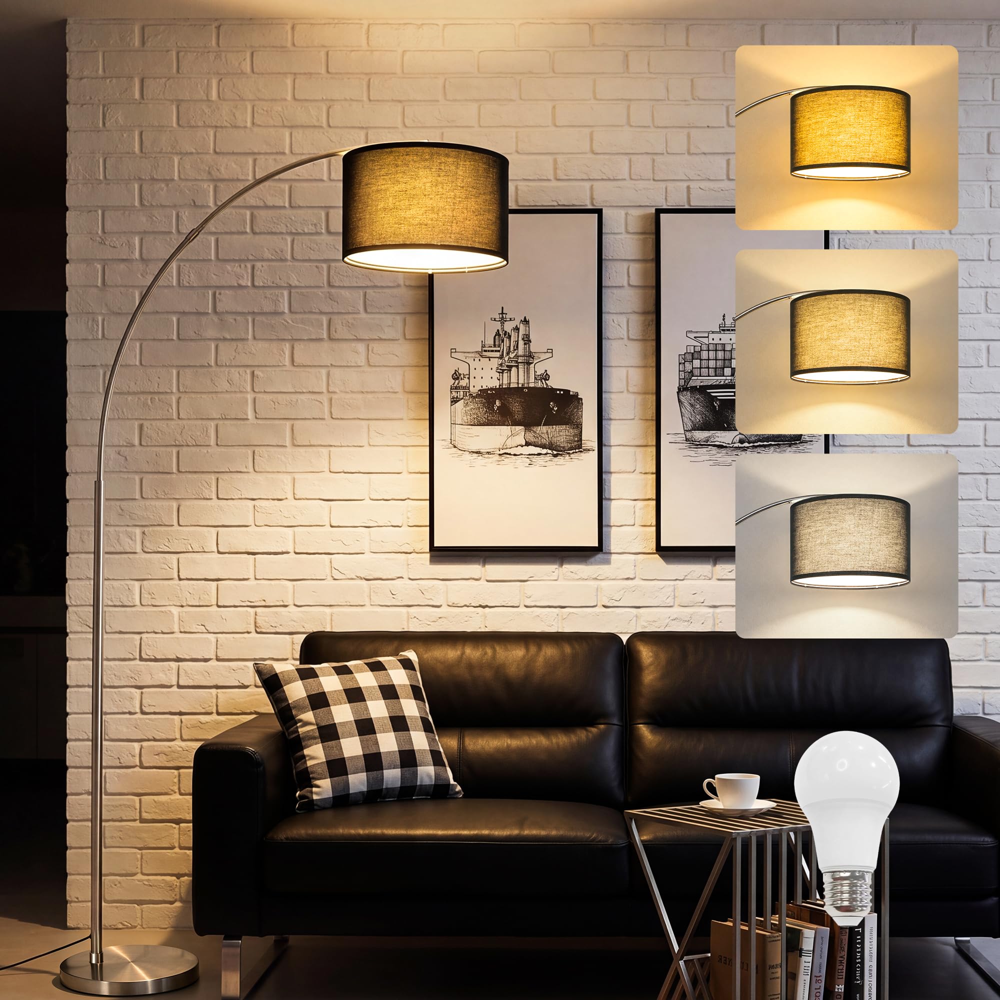 Stylish Arc Floor Lamp for Living Room, 200cm Tall Over Sofa Arc Standing Lamp with Black Fabric Lampshade, Sturdy 6kg Metal Base, Easy Foot Switch, 9W 3-Colour Bulb Included and Adjustable Lamp Head